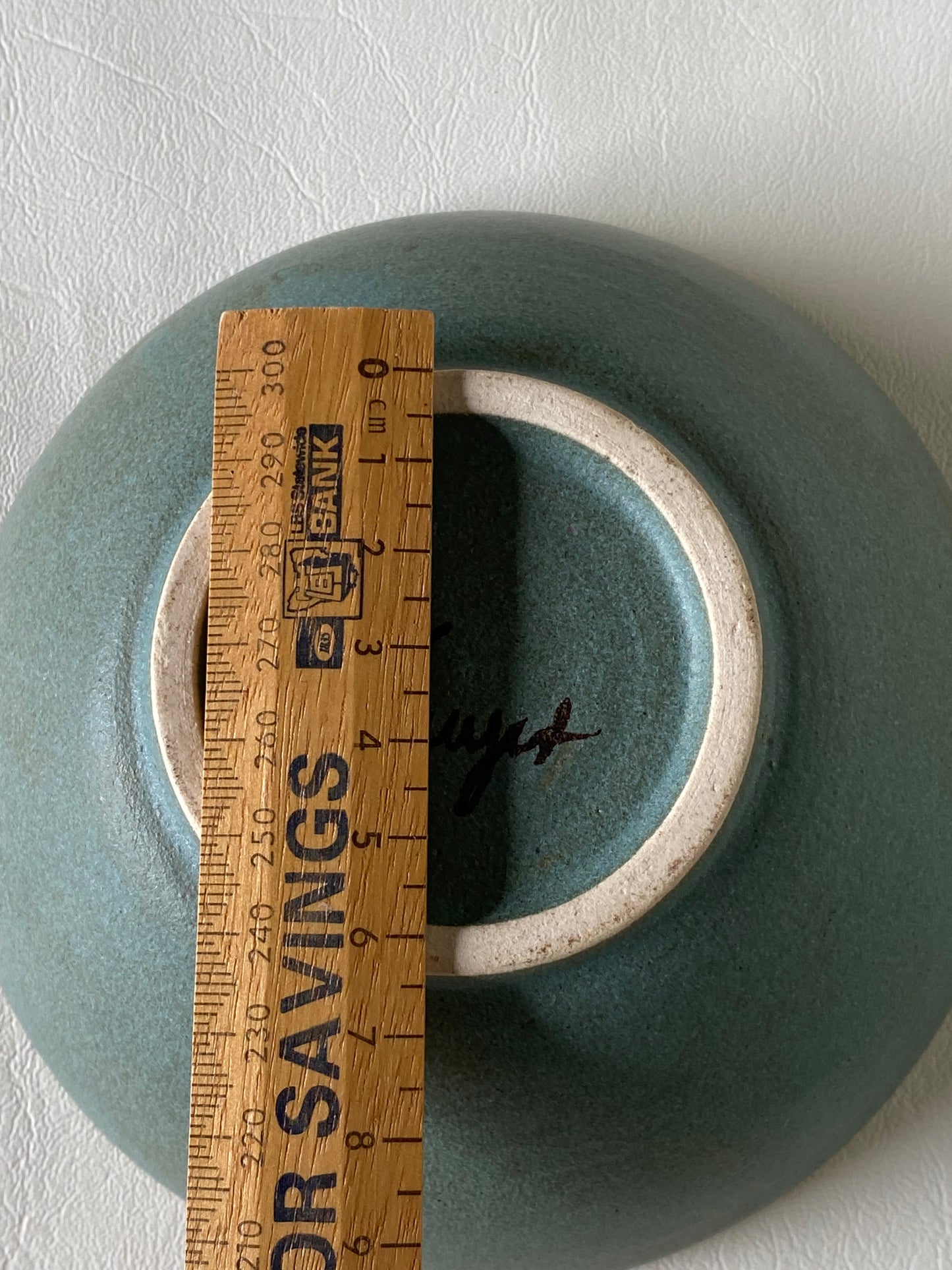 Studio pottery bowl - teal green incised - Judy Kuyer