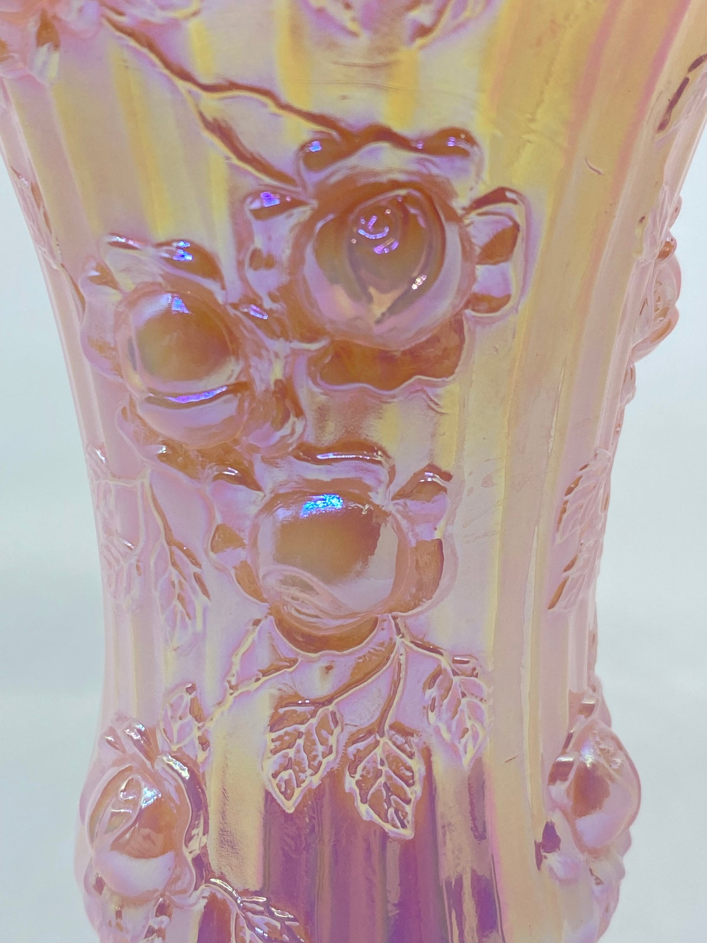Fenton Pink Opalescent Cabbage Rose Vase - with sticker