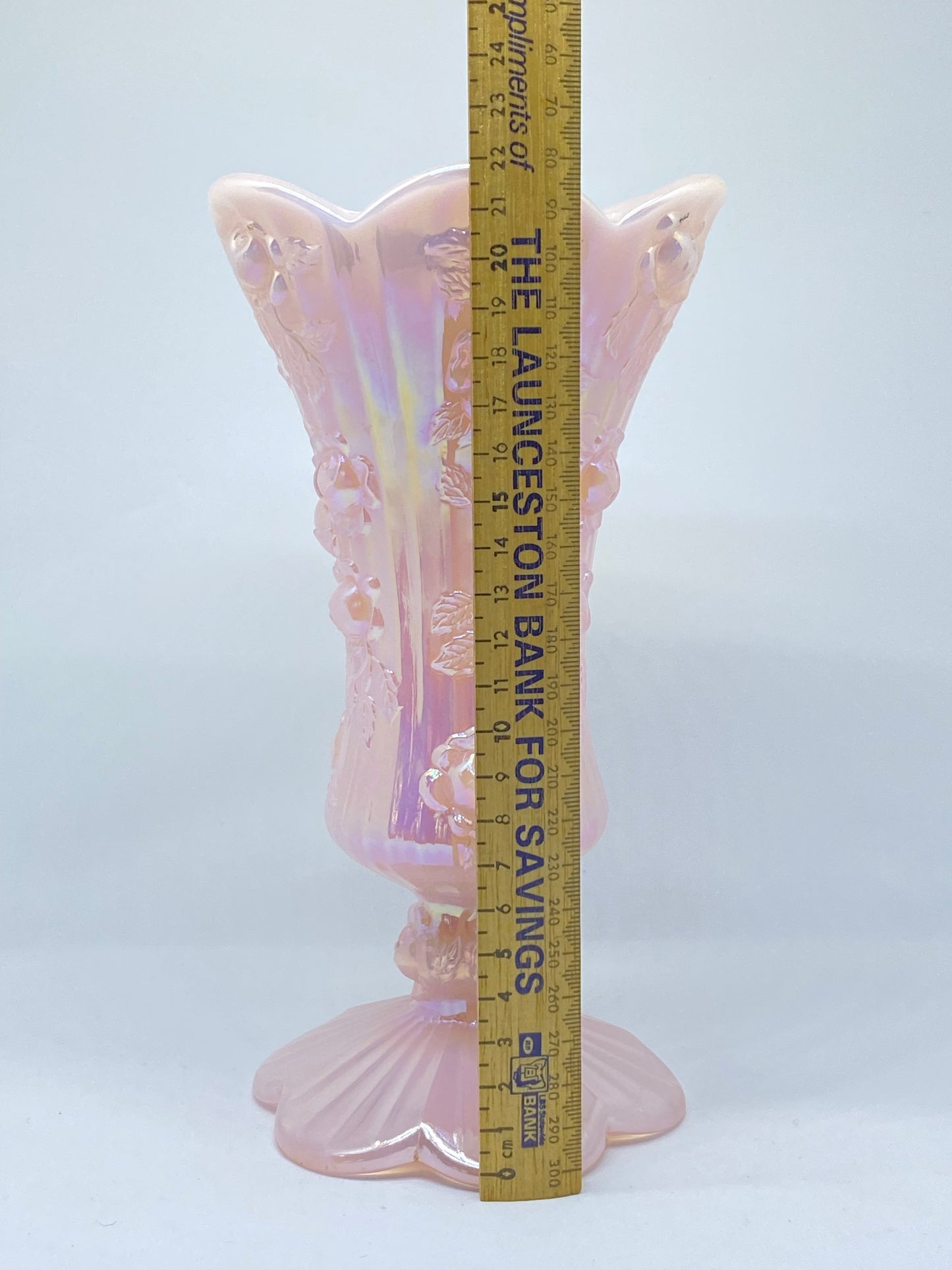 Fenton Pink Opalescent Cabbage Rose Vase - with sticker