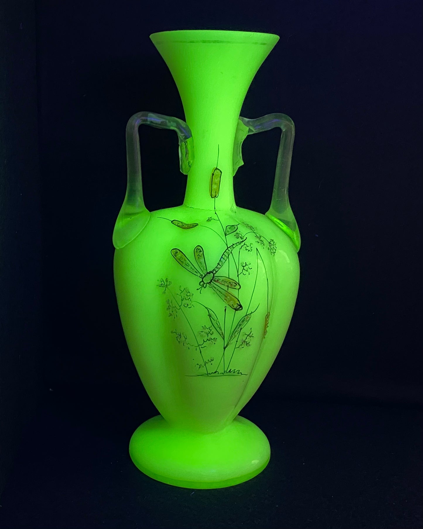 Victorian Era Cased Satin Uranium Vase with raised enamel dragonfly motif - damaged
