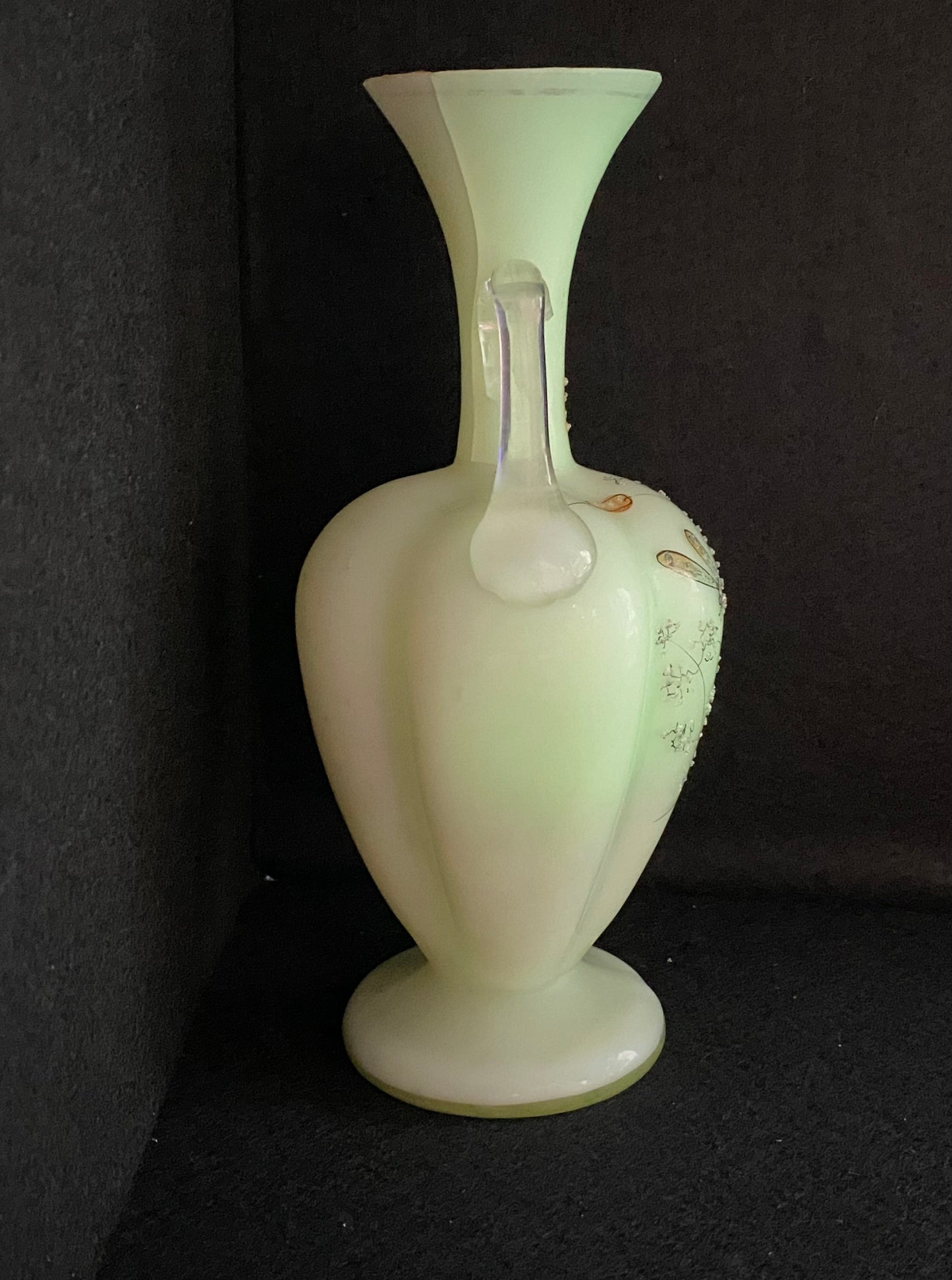 Victorian Era Cased Satin Uranium Vase with raised enamel dragonfly motif - damaged