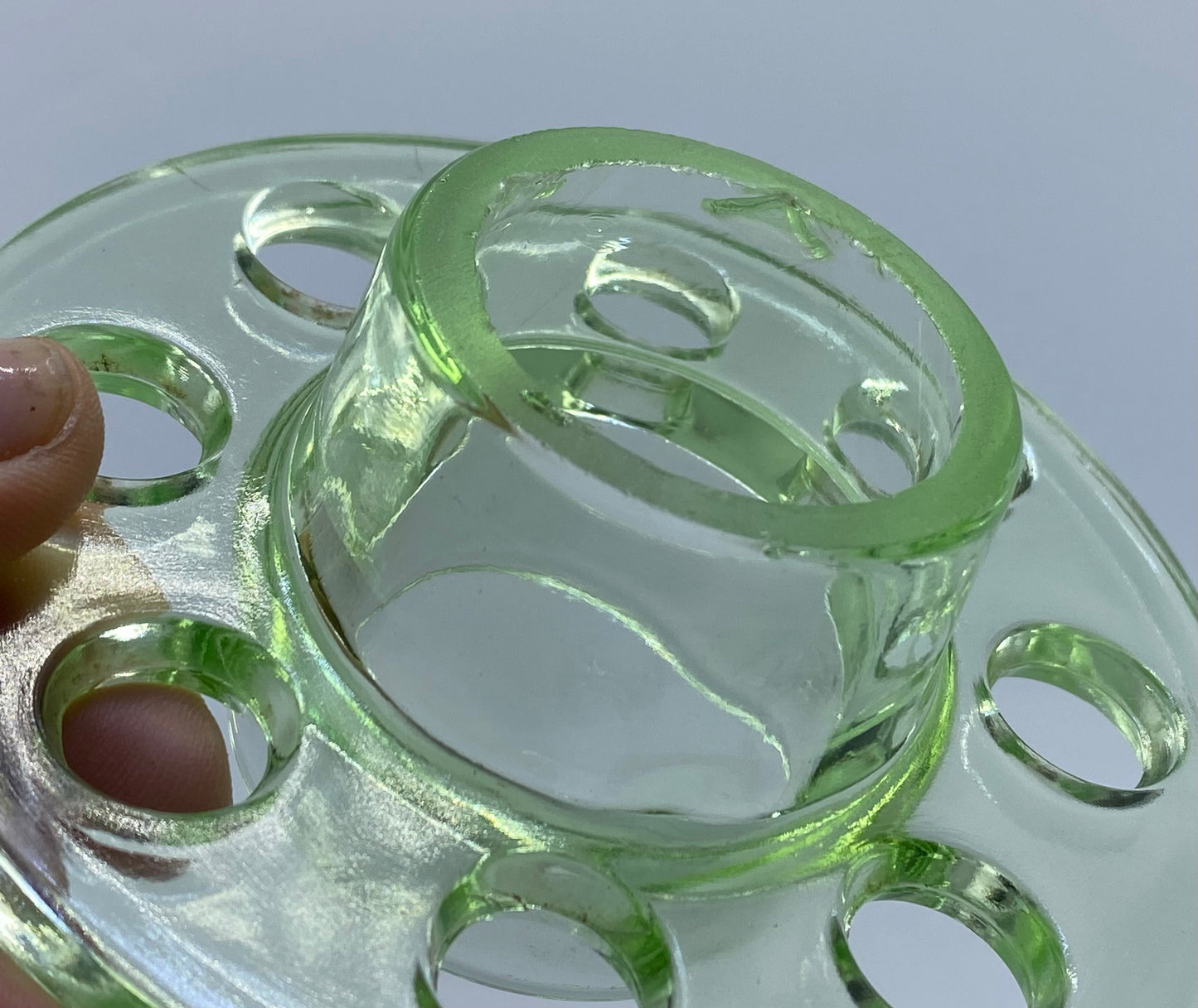 Uranium glass Art Deco flower frog for vase