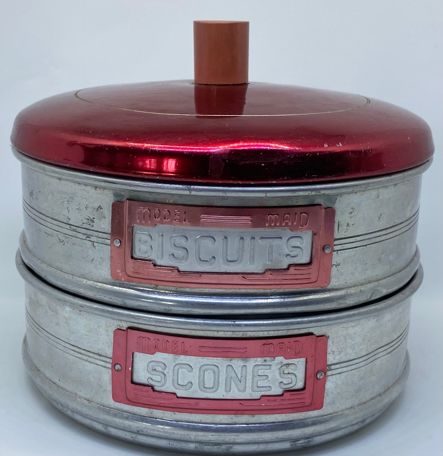 Stackable Jason Canisters with bakelite handle and anodised lid- 'Biscuits & Scones'