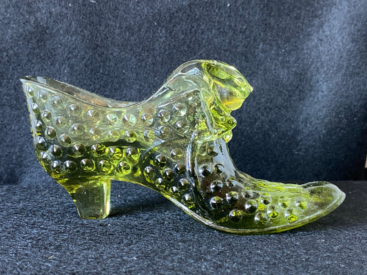 Fenton Green Hobnail Glass Cat on boot