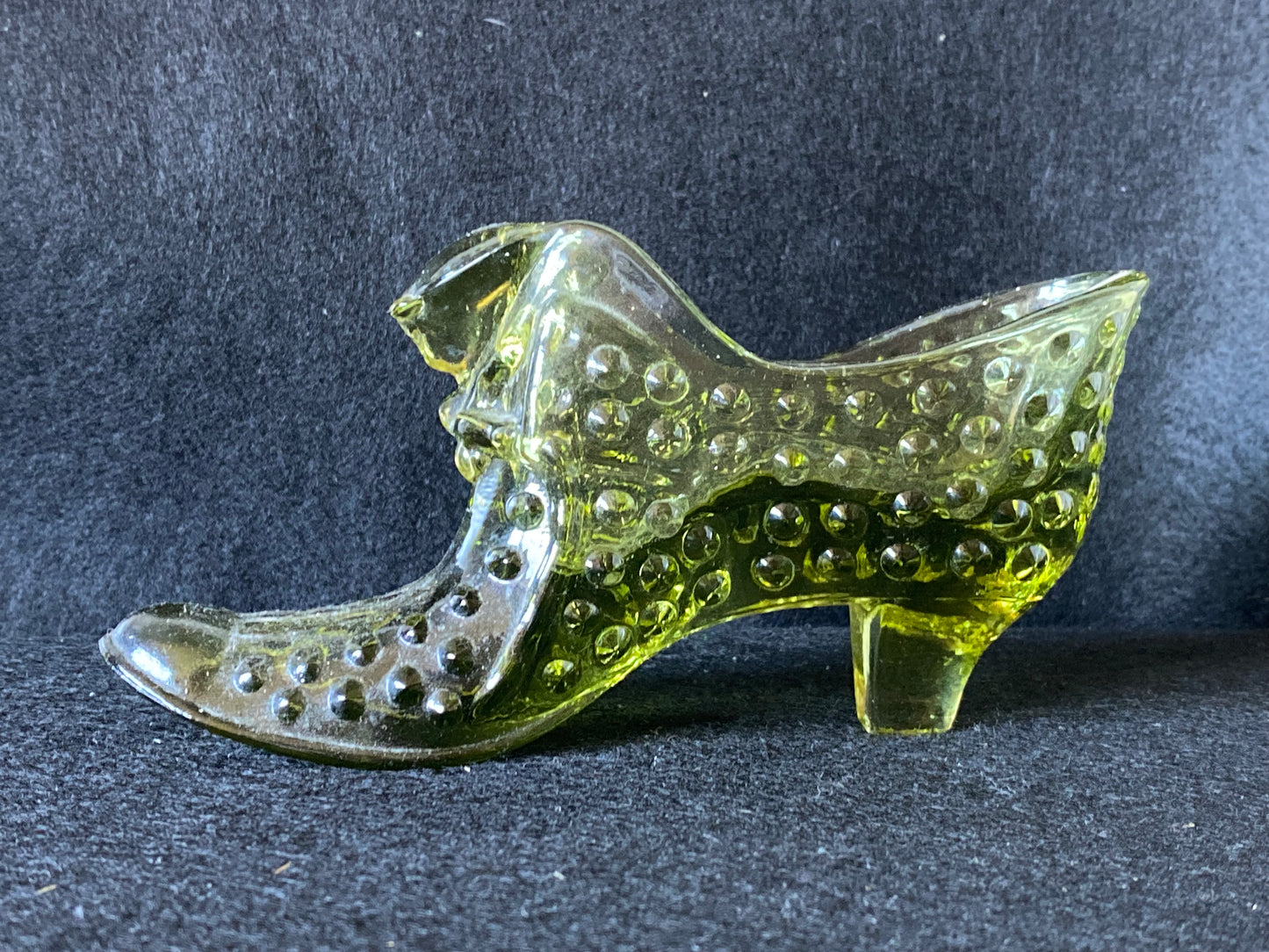 Fenton Green Hobnail Glass Cat on boot