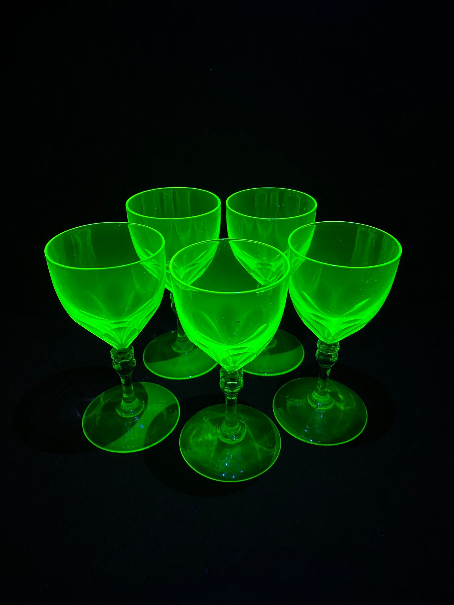 Set of 5 Victorian era Uranium wine glasses