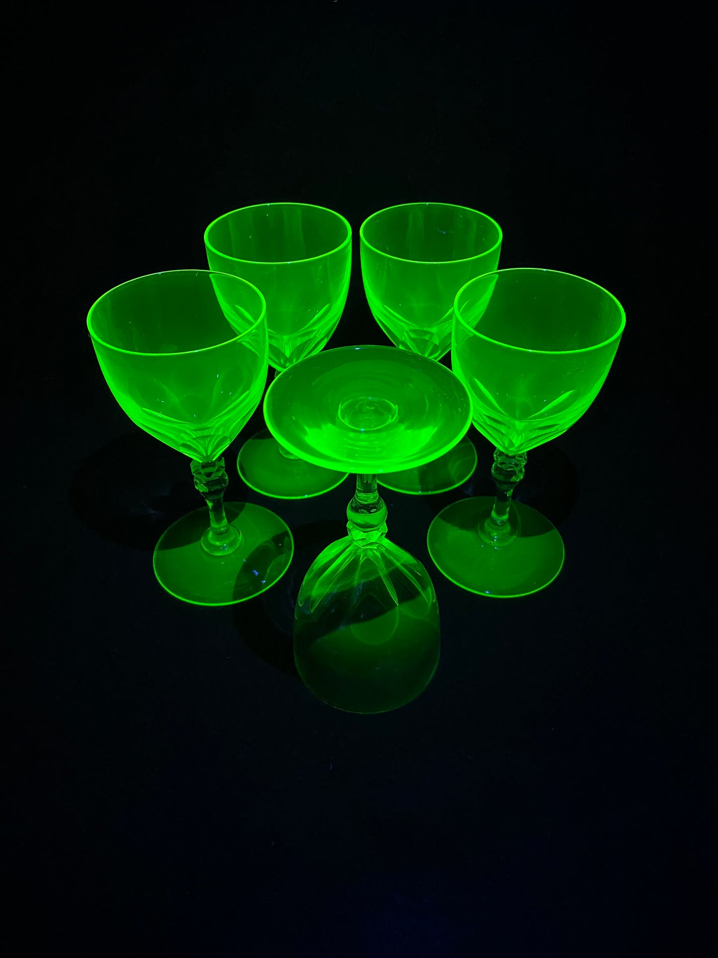 Set of 5 Victorian era Uranium wine glasses