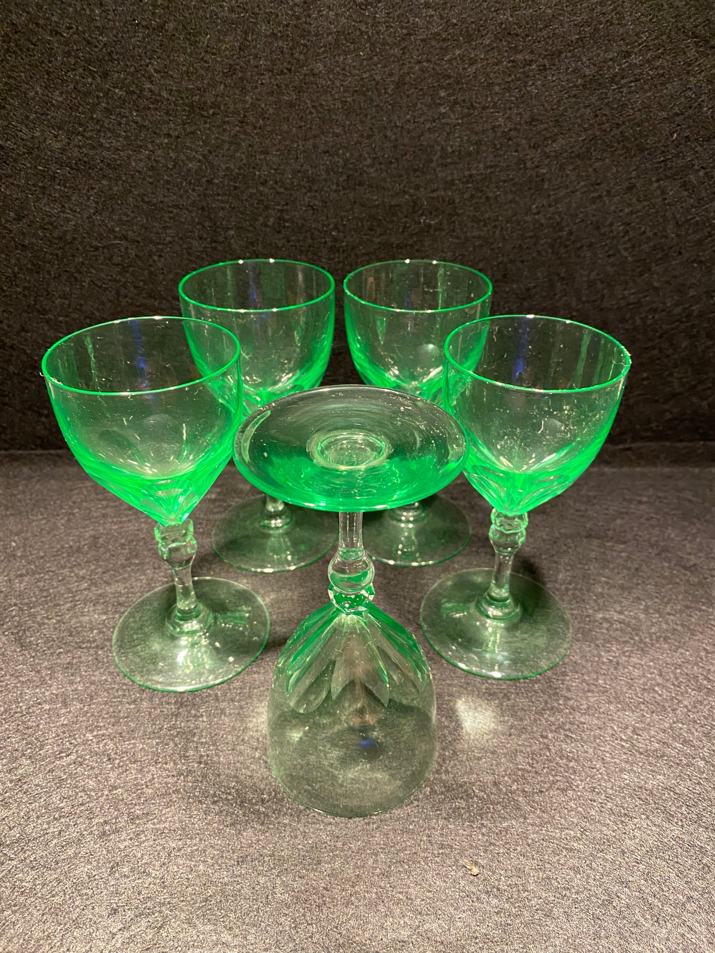 Set of 5 Victorian era Uranium wine glasses