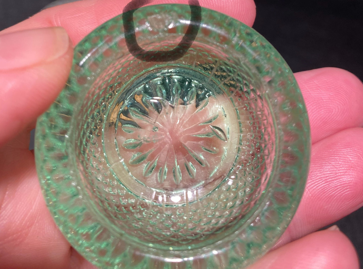 Uranium and clear glass Victorian salt cellar (pots) Diamond Pattern
