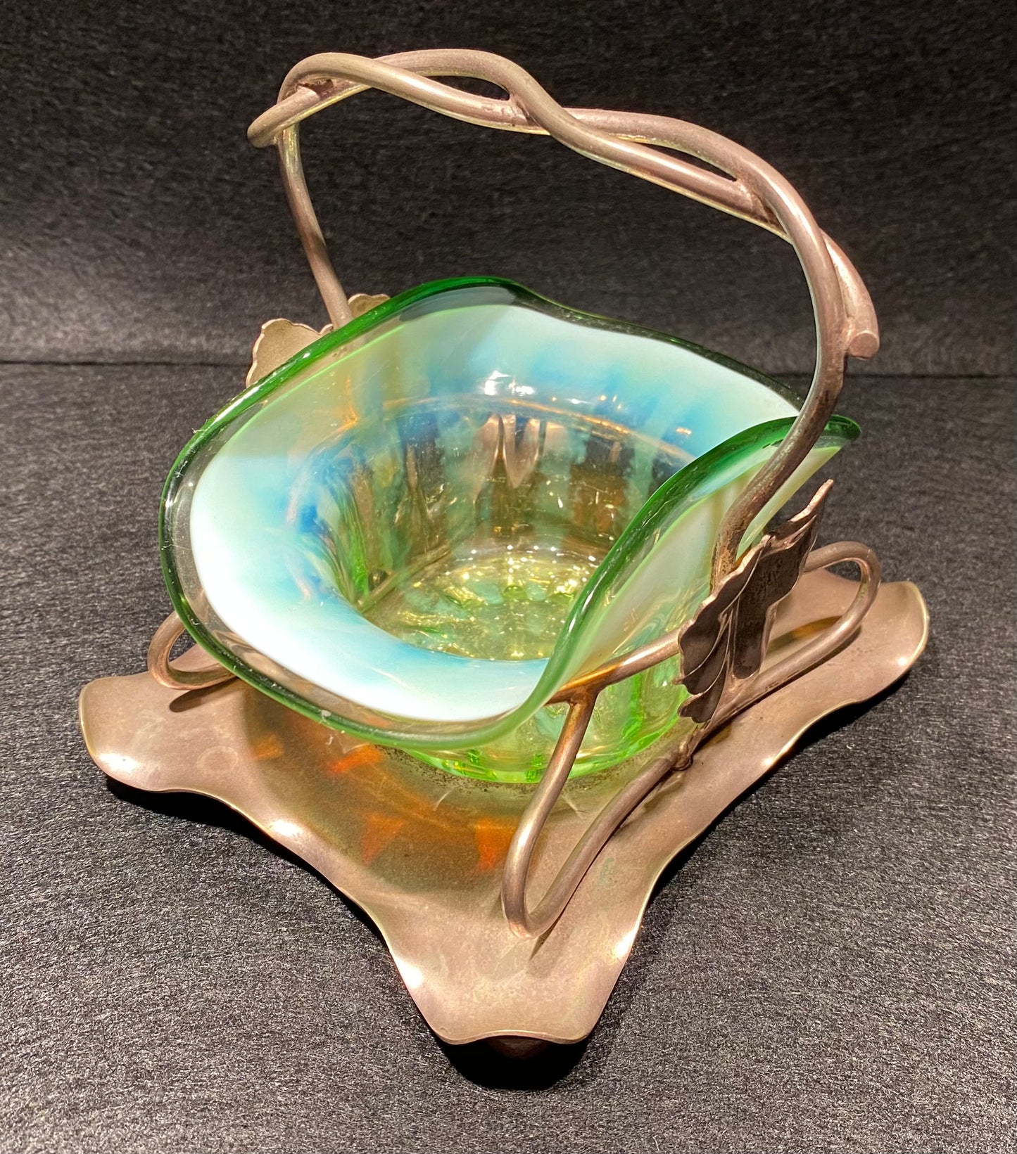 Victorian Uranium Opalescent glass bowl with silver plated stand (EPSN)
