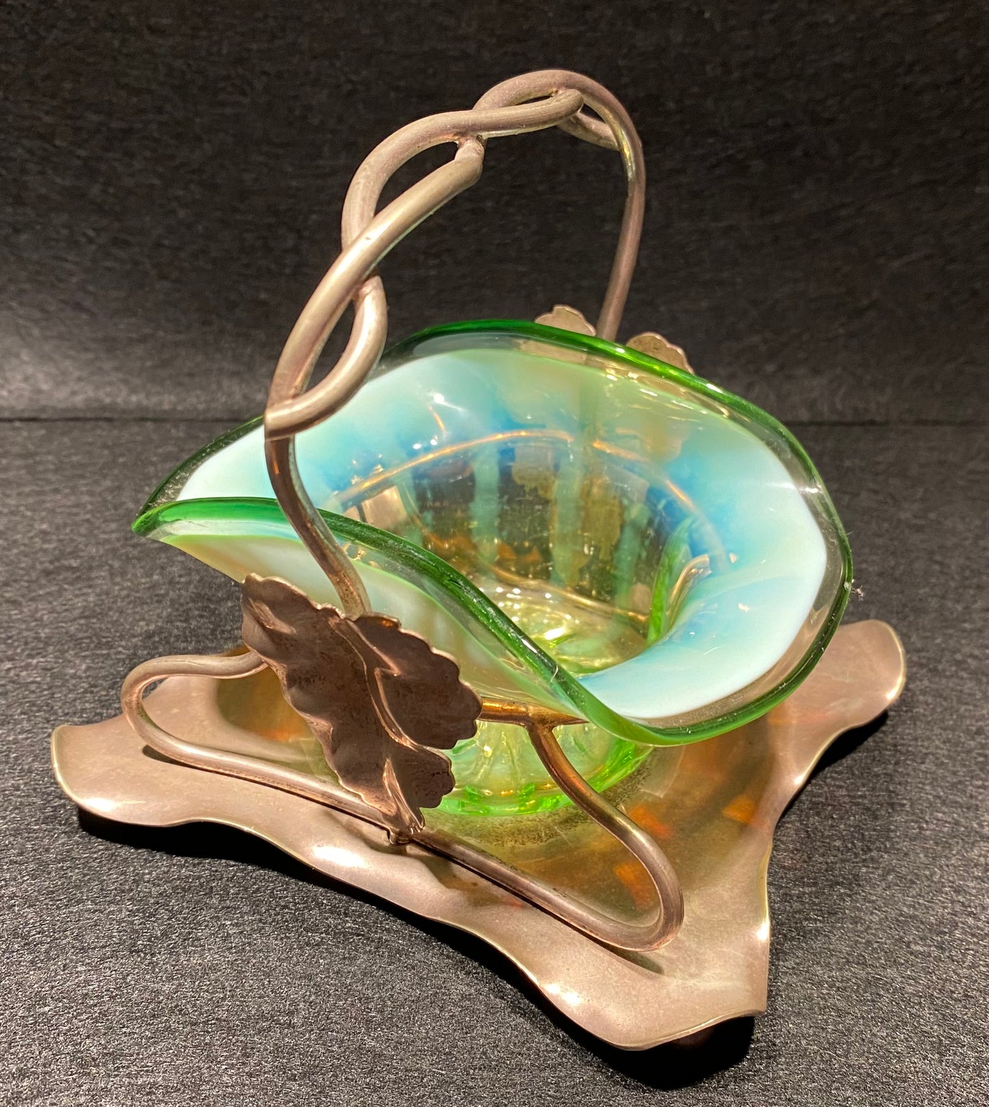Victorian Uranium Opalescent glass bowl with silver plated stand (EPSN)