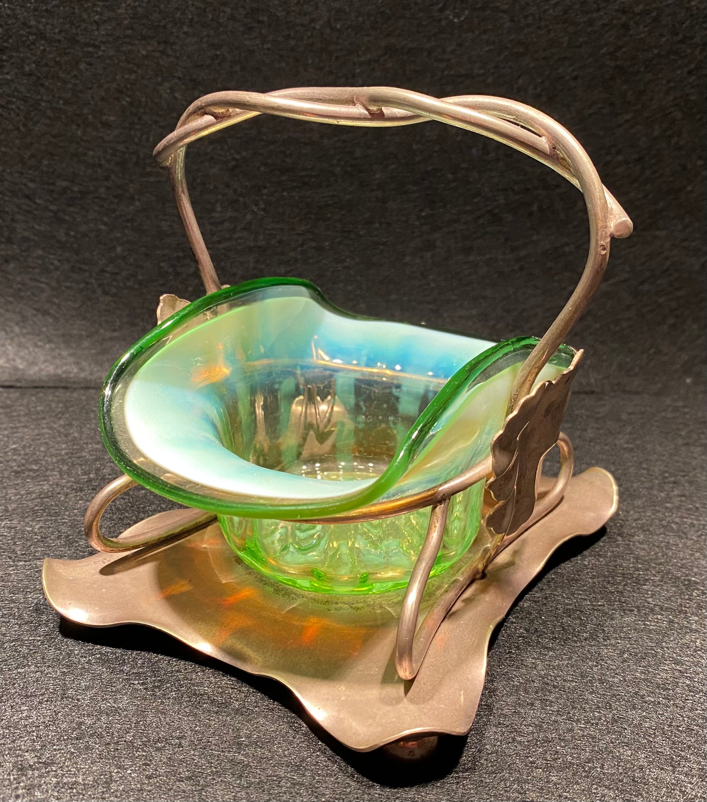 Victorian Uranium Opalescent glass bowl with silver plated stand (EPSN)