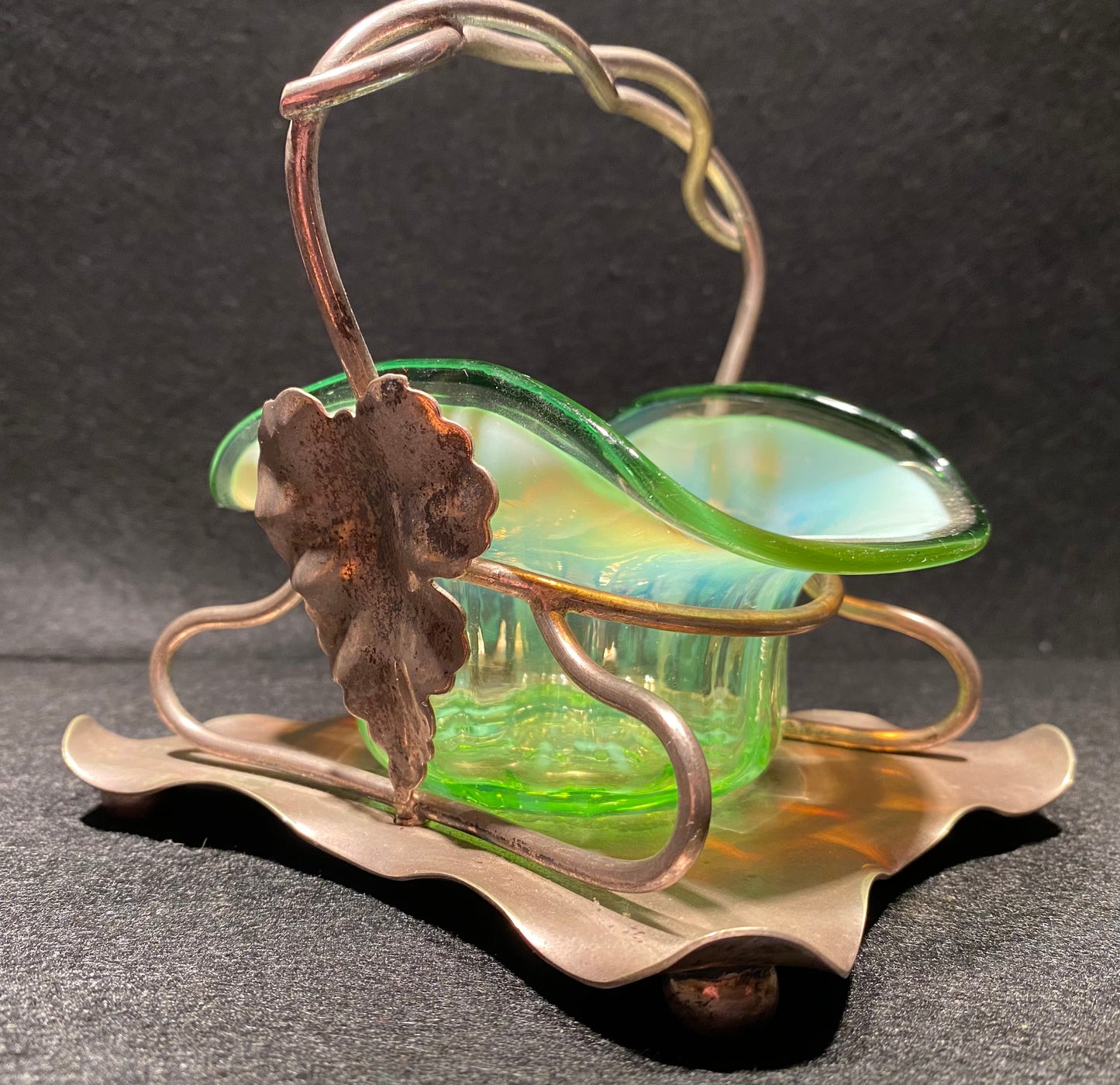 Victorian Uranium Opalescent glass bowl with silver plated stand (EPSN)