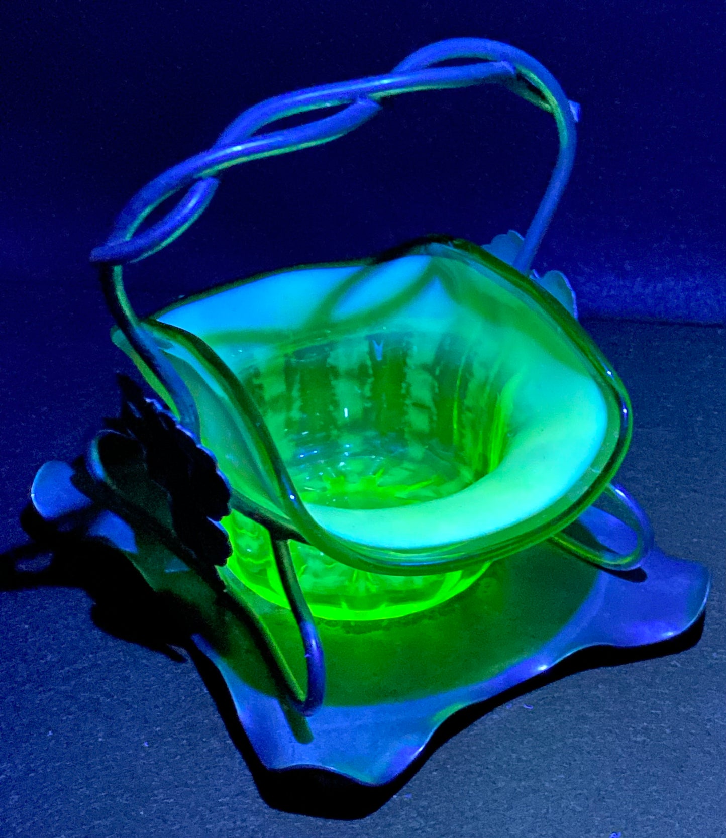 Victorian Uranium Opalescent glass bowl with silver plated stand (EPSN)