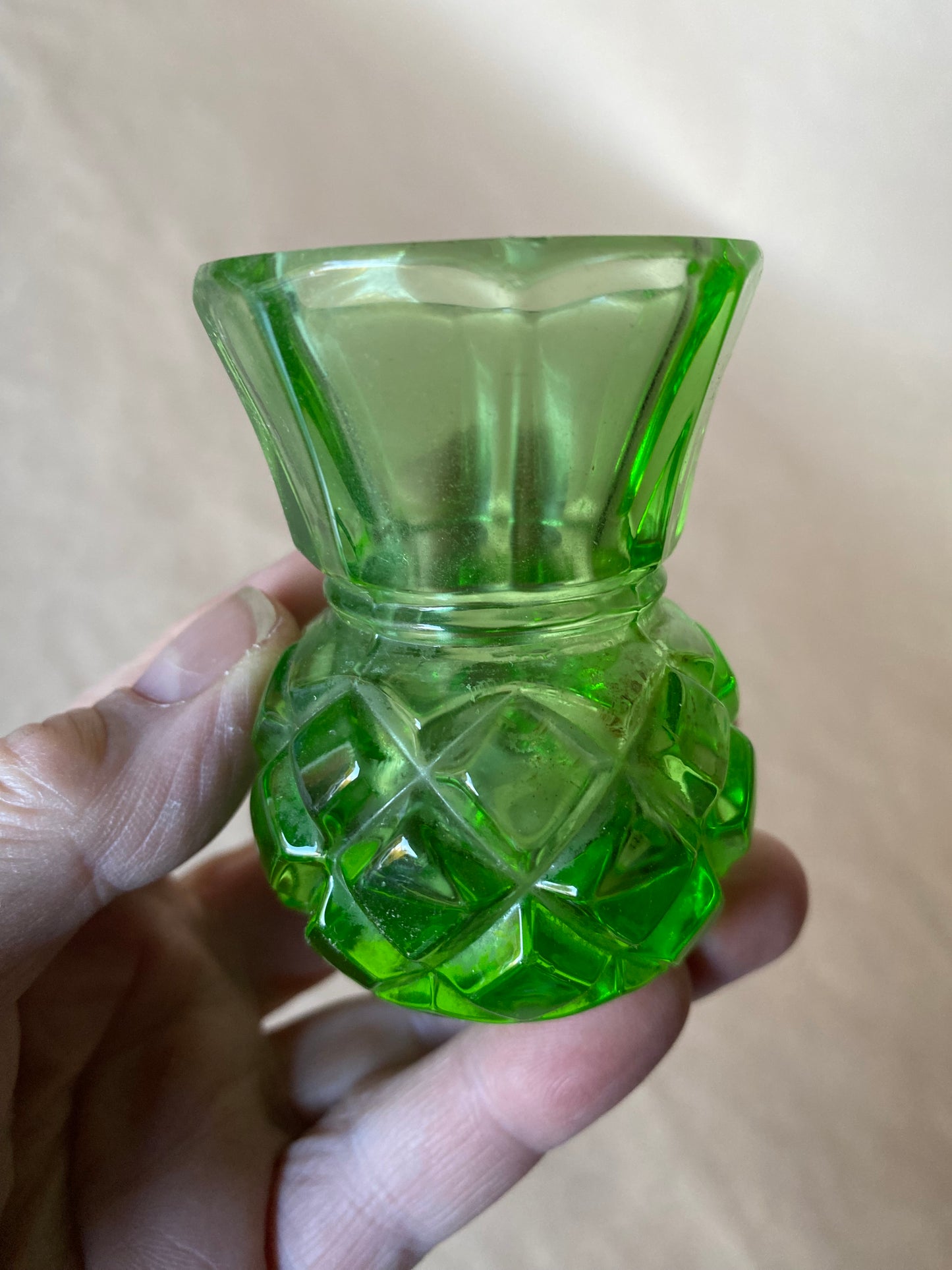 Uranium glass thistle vase - pineapple pattern