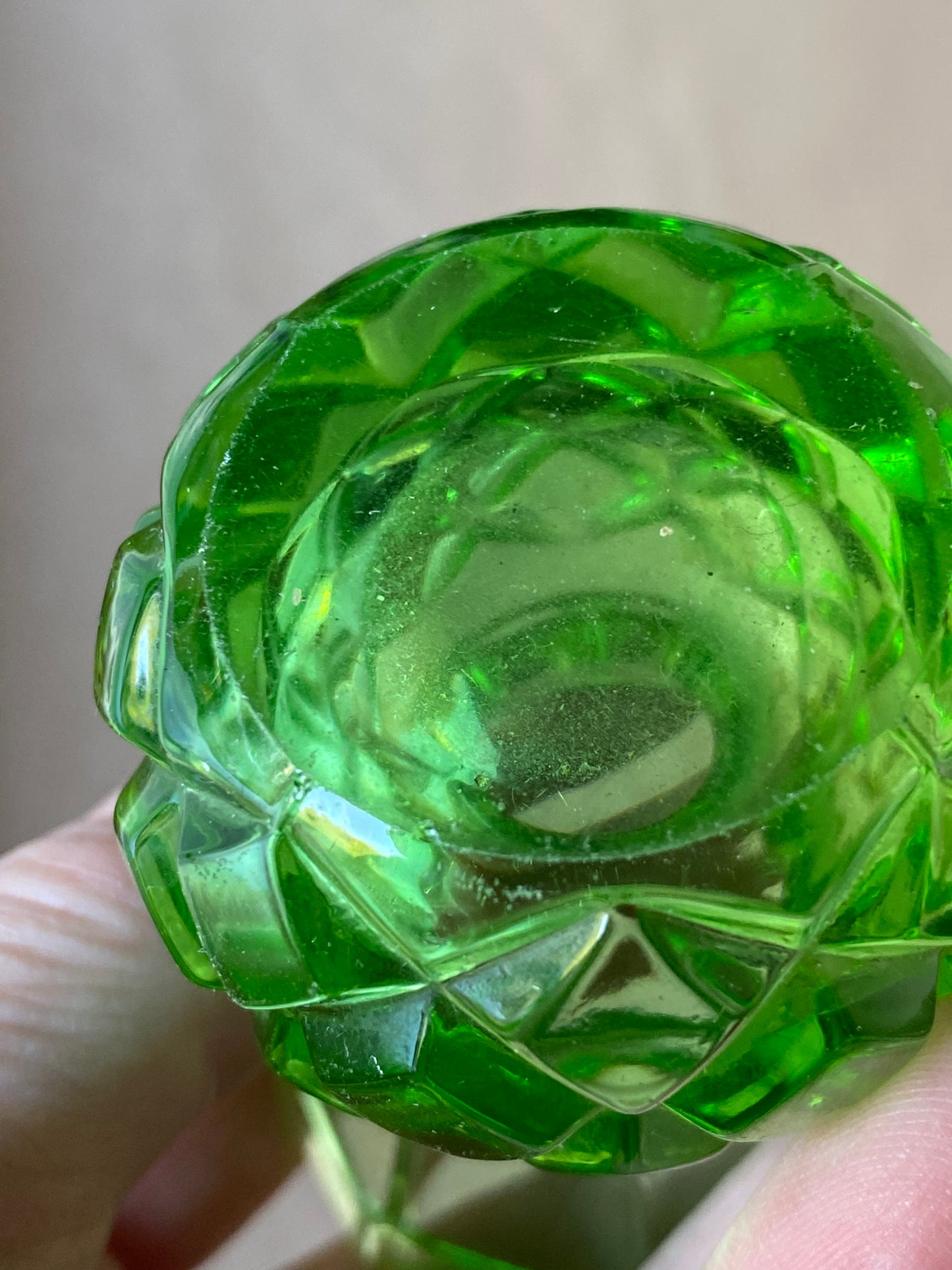 Uranium glass thistle vase - pineapple pattern