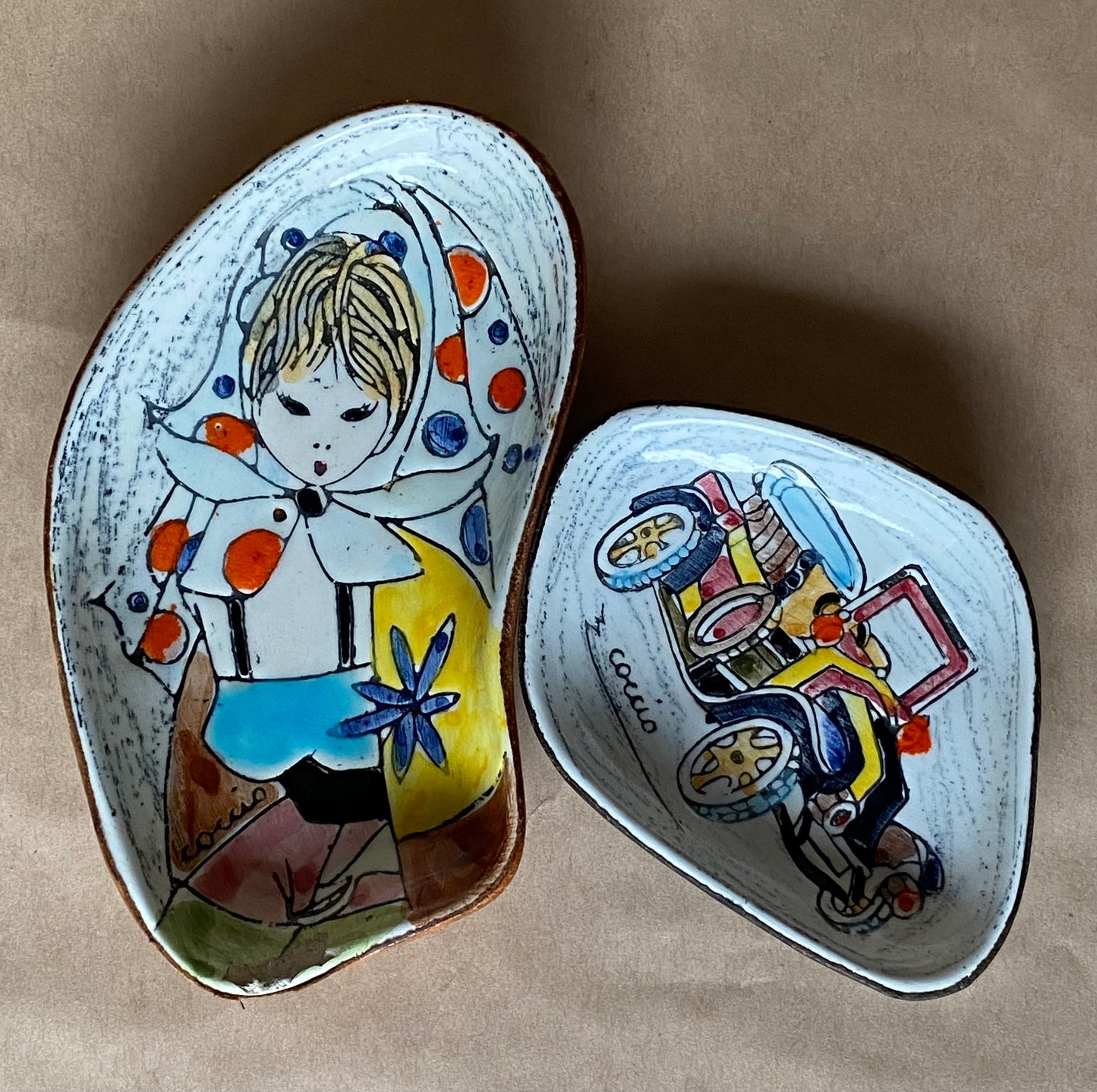 Coccia Italy pottery and leather dishes 1960s