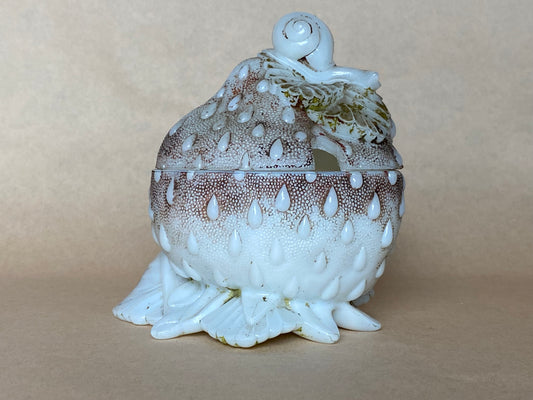Vallerysthal opaline milk glass "Snail on Strawberry" lidded jam pot from France