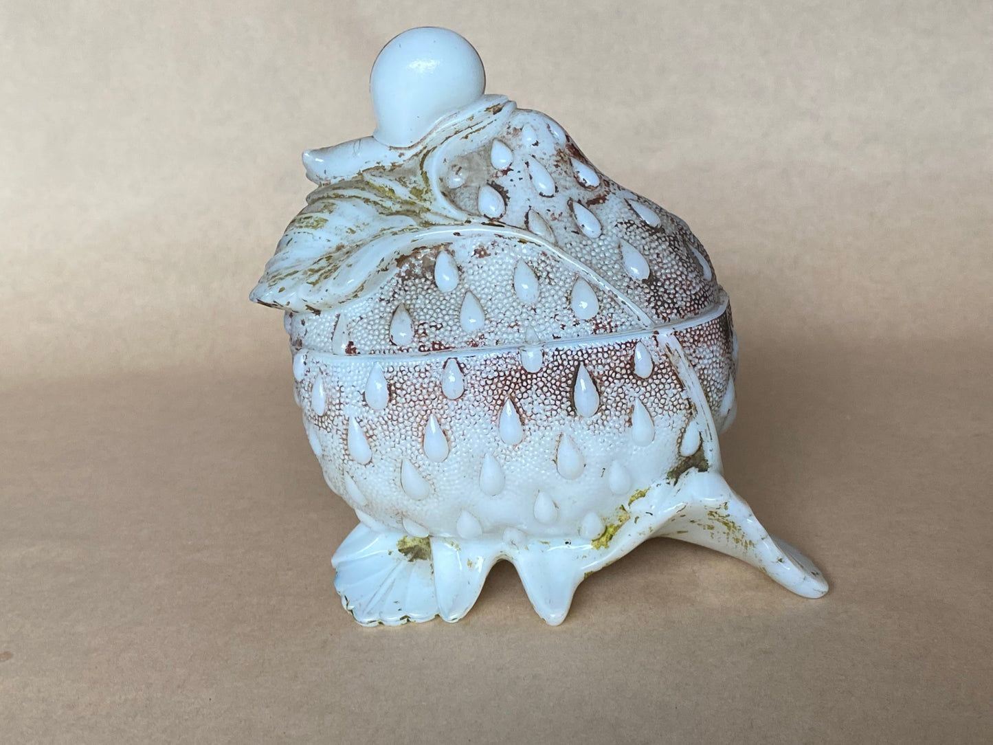 Vallerysthal opaline milk glass "Snail on Strawberry" lidded jam pot from France