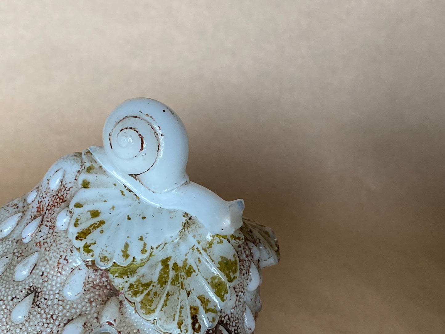 Vallerysthal opaline milk glass "Snail on Strawberry" lidded jam pot from France