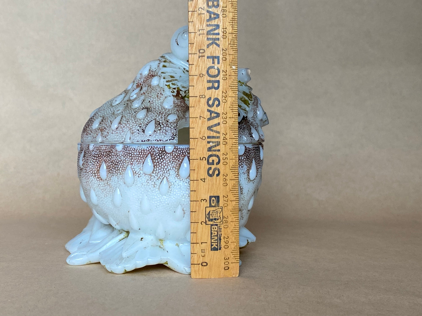 Vallerysthal opaline milk glass "Snail on Strawberry" lidded jam pot from France