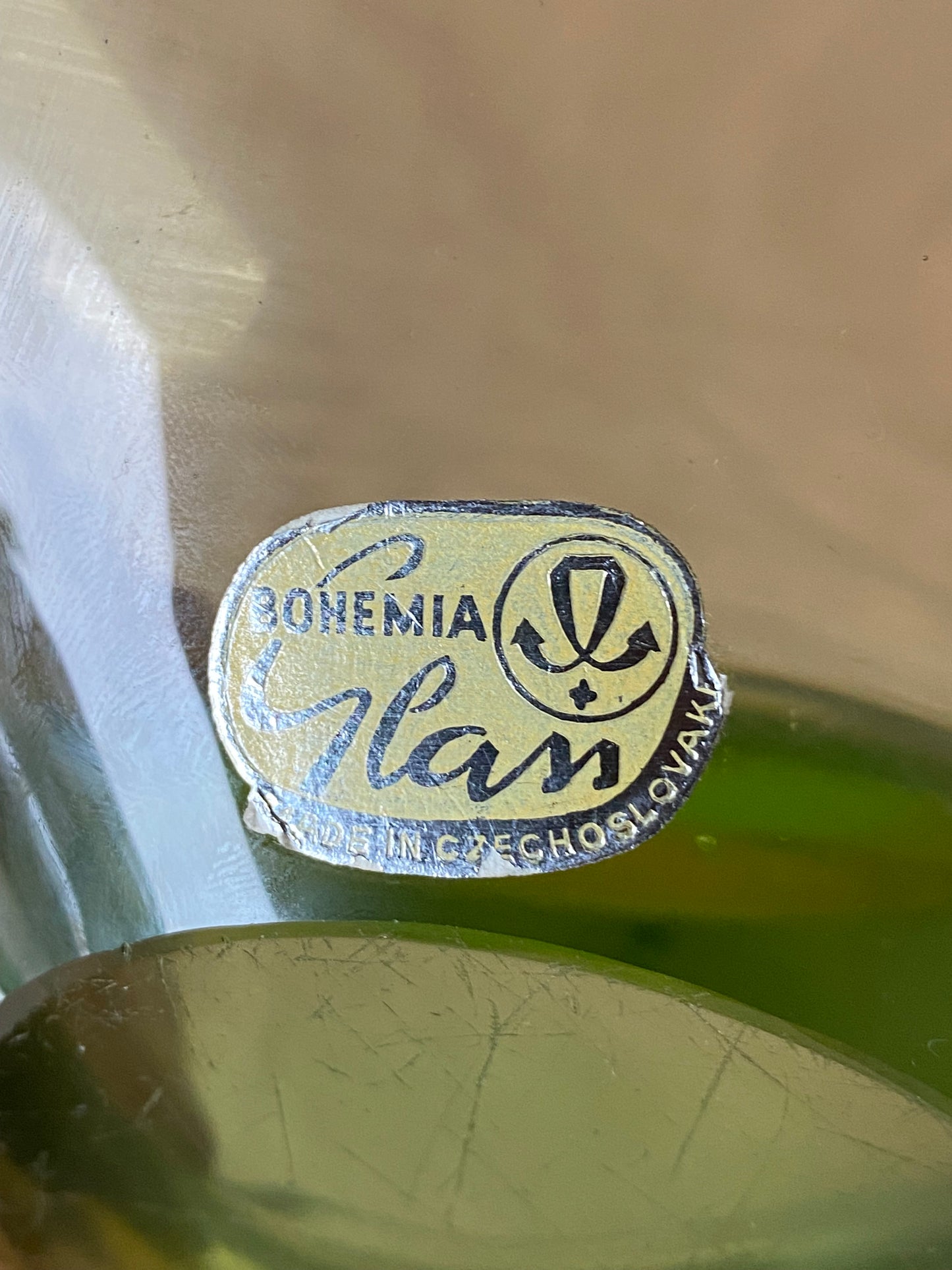 Bohemia Glass Czechoslovakia Uranium glass bowl with original sticker