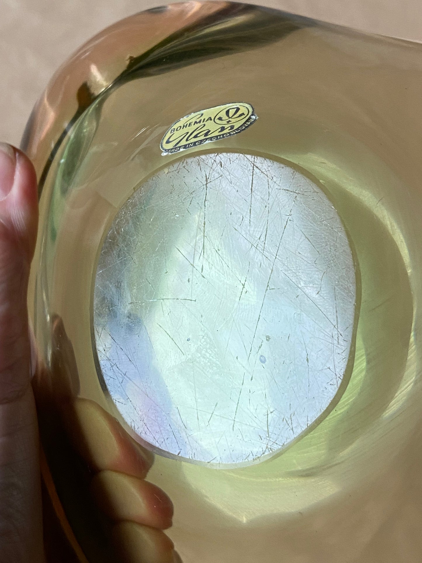 Bohemia Glass Czechoslovakia Uranium glass bowl with original sticker