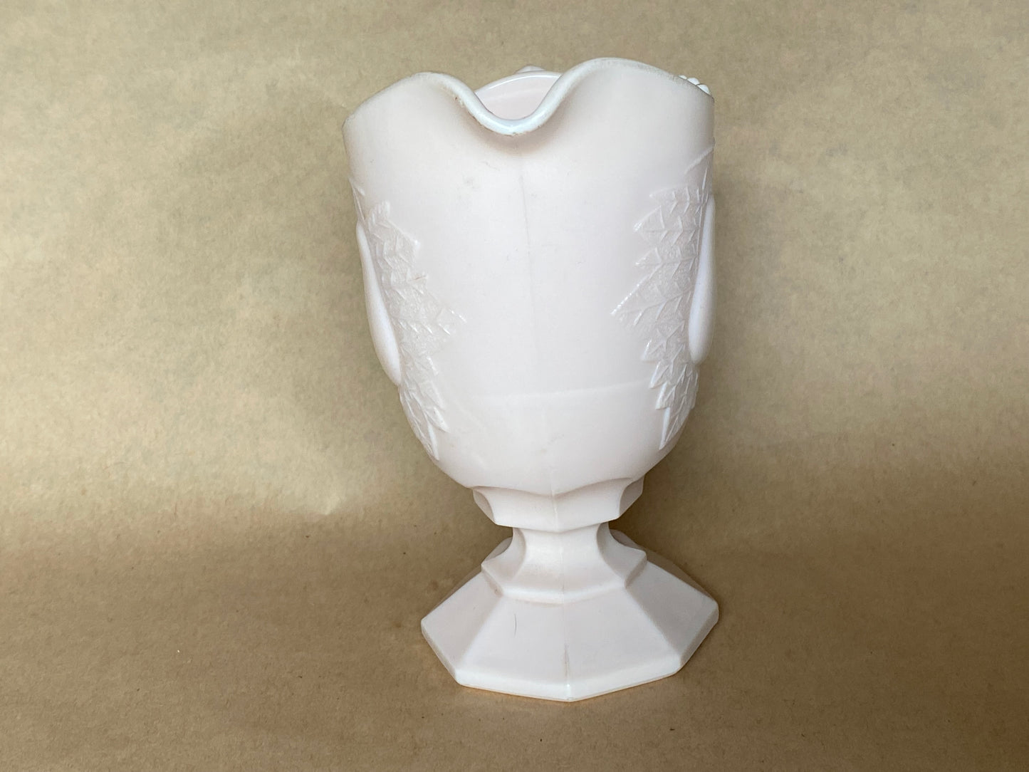 Vintage Jeannette Shell Pink Milk Glass Footed Creamer in the Baltimore Pear pattern.
