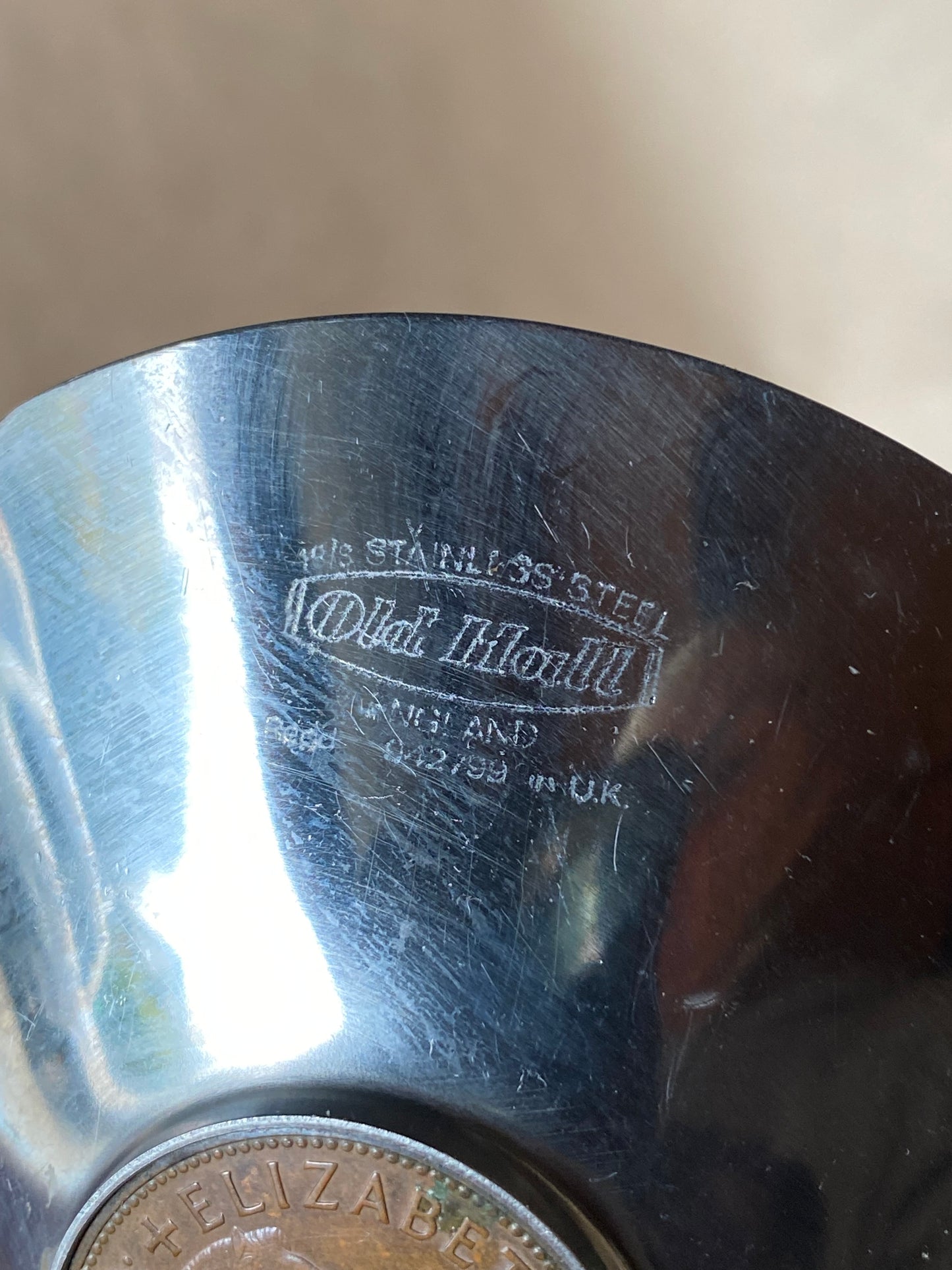 Vintage English Old Hall dish with 1967 penny