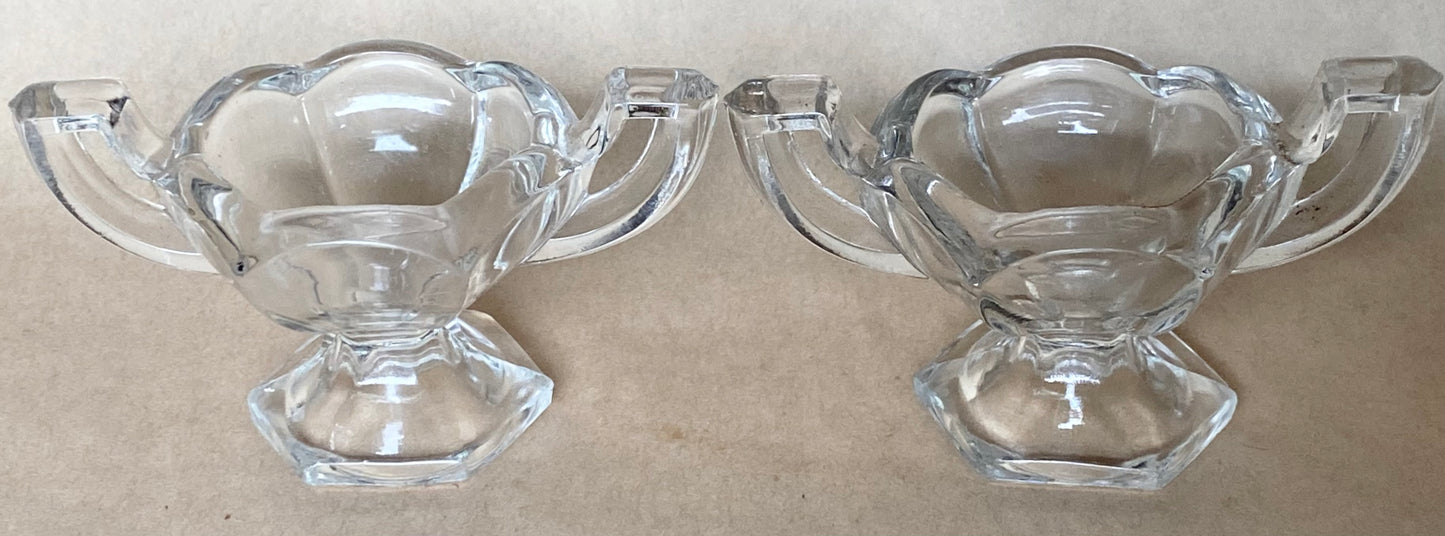 Set of 2 glass 1920s Chippendale Trophy salt pots