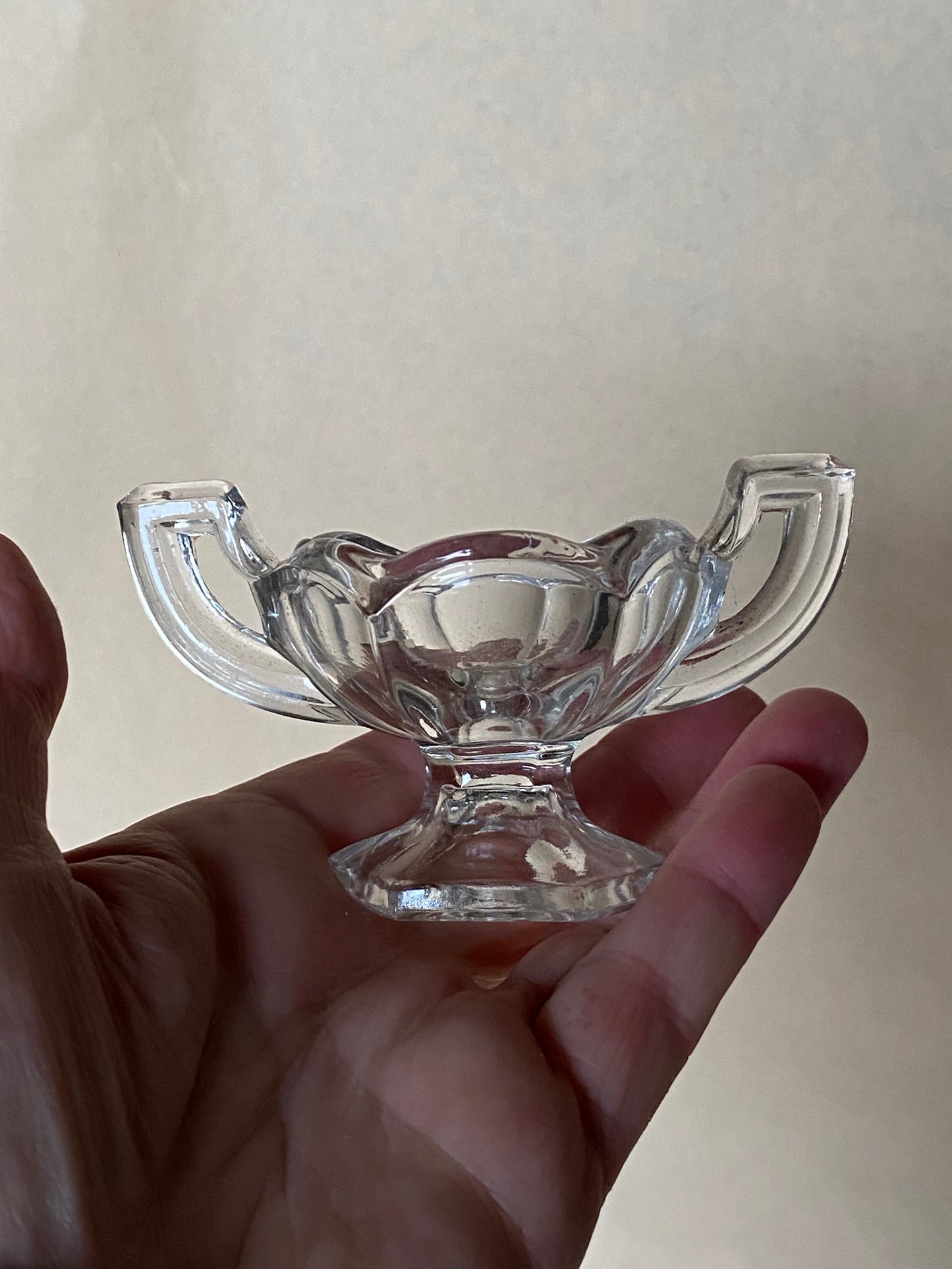 Set of 2 glass 1920s Chippendale Trophy salt pots