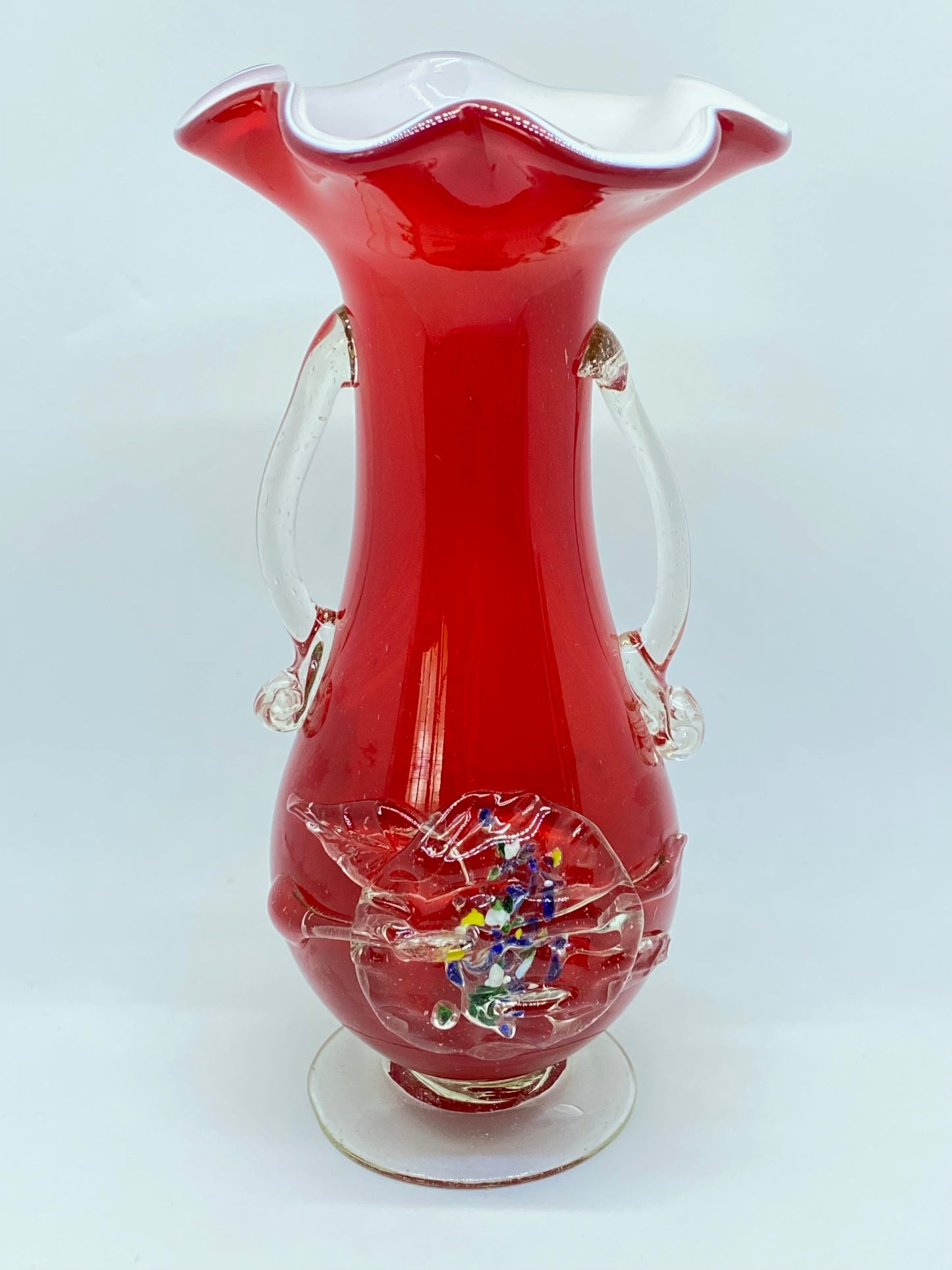 Stevens & Williams Art Glass Vase Vintage Applied Glass Cased Ruffle Blown Glass