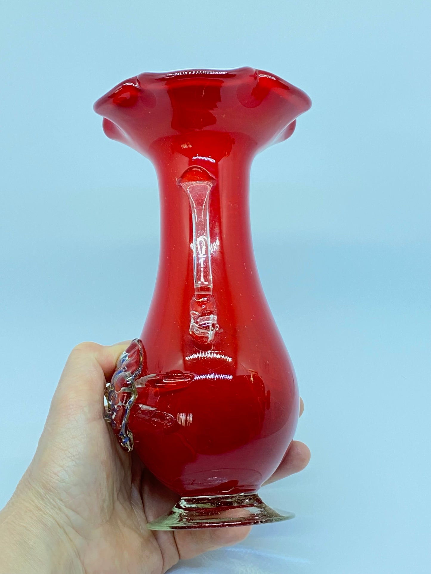 Stevens & Williams Art Glass Vase Vintage Applied Glass Cased Ruffle Blown Glass