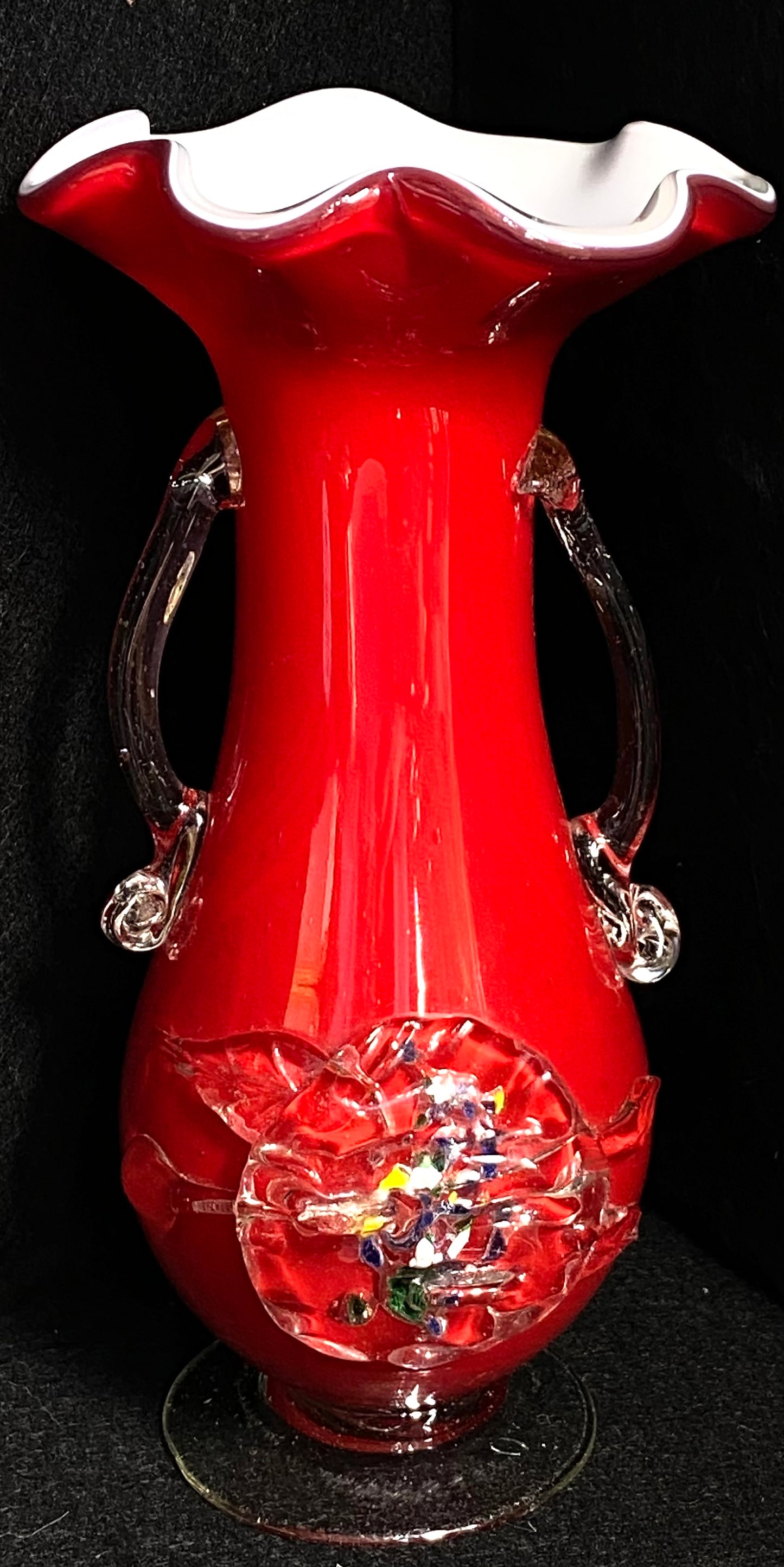 Stevens & Williams Art Glass Vase Vintage Applied Glass Cased Ruffle Blown Glass