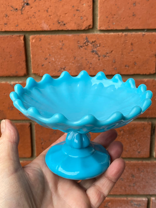 vintage Portieux Vallerysthal blue opaline milk glass footed compote