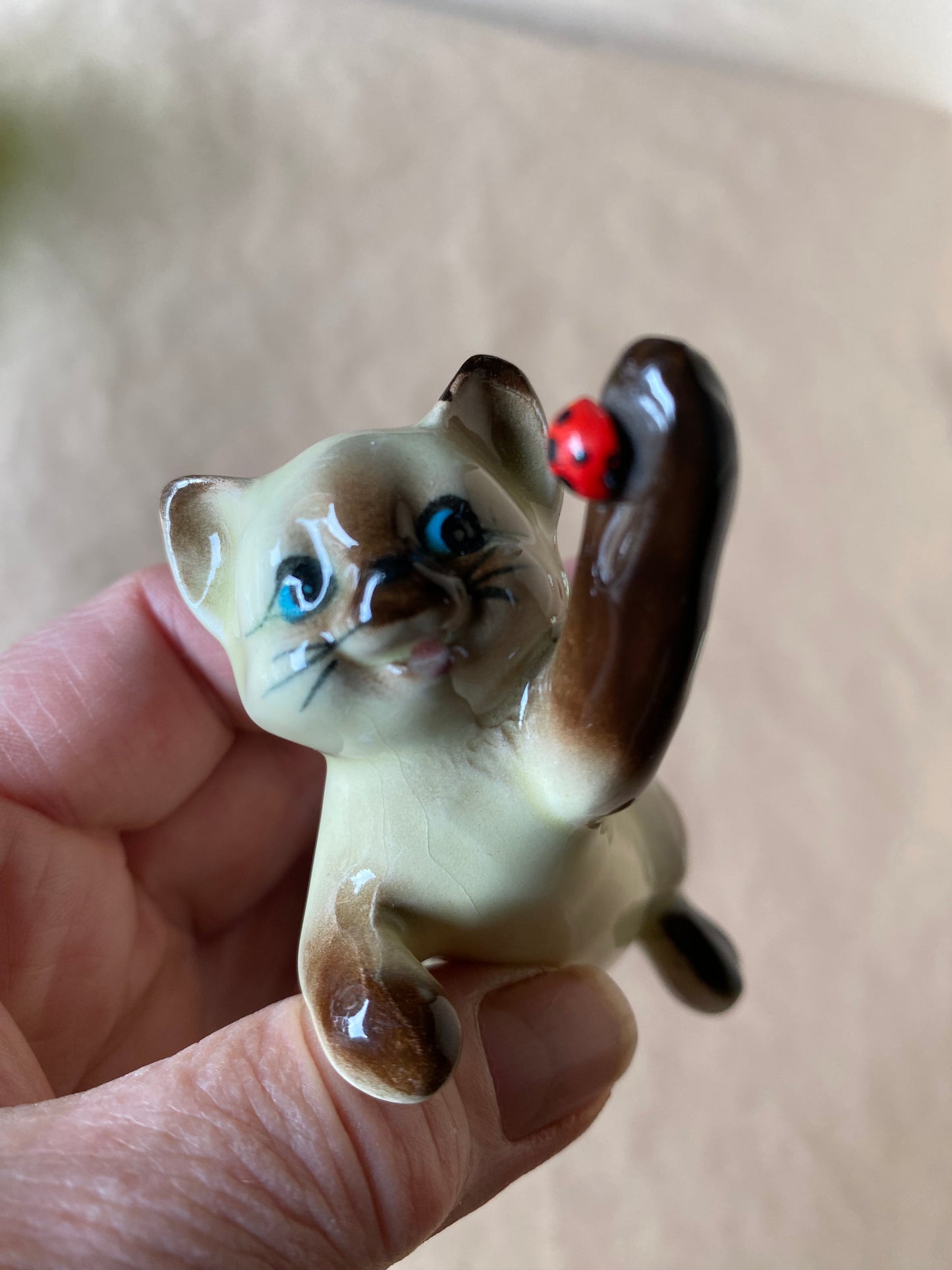 Vintage set of 3 Siamese Cats with ladybirds figurines