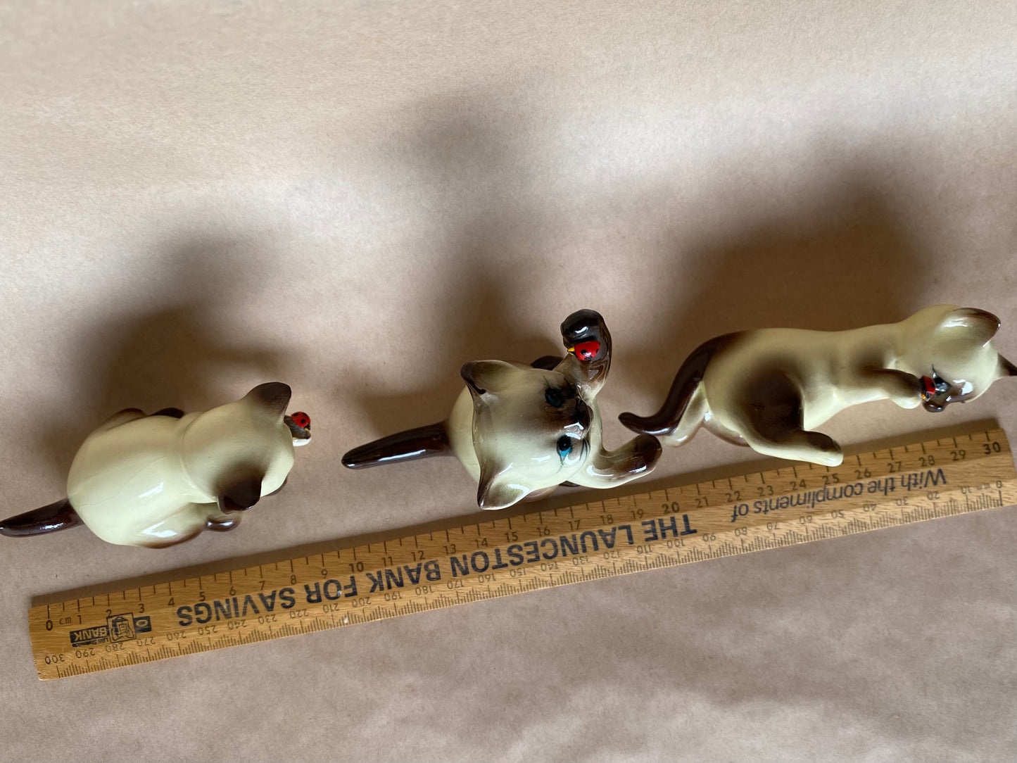 Vintage set of 3 Siamese Cats with ladybirds figurines