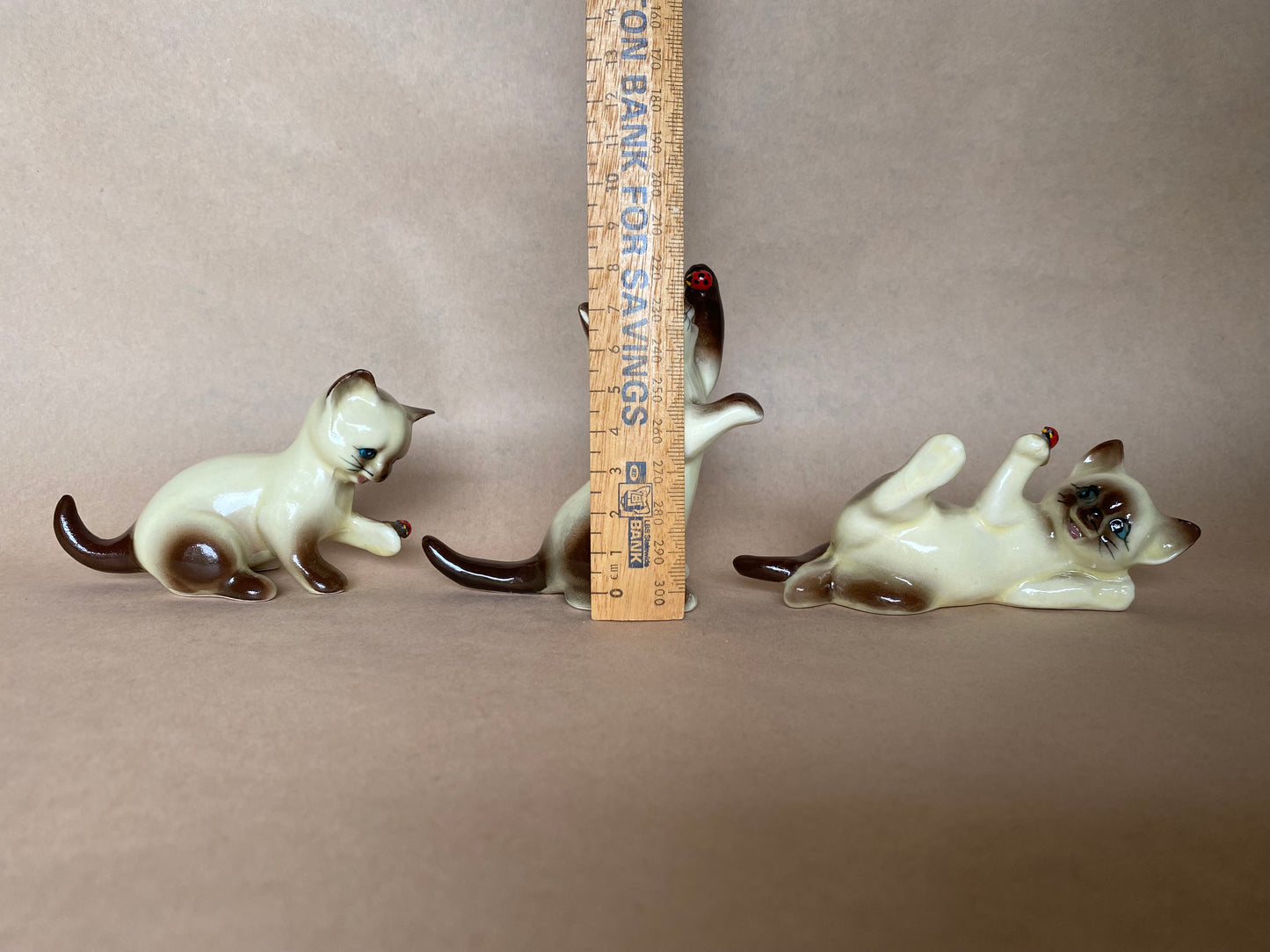 Vintage set of 3 Siamese Cats with ladybirds figurines