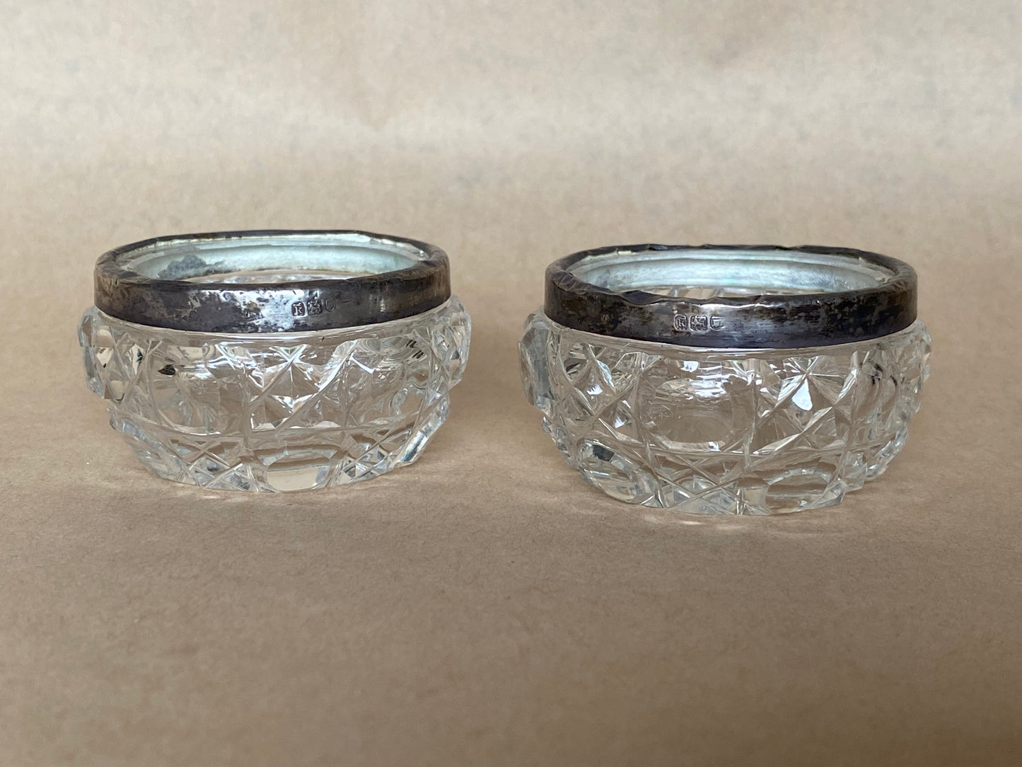 Antique crystal and sterling silver salt cellars - Hall Marked Silver