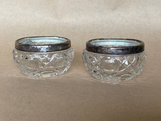 Antique crystal and sterling silver salt cellars - Hall Marked Silver