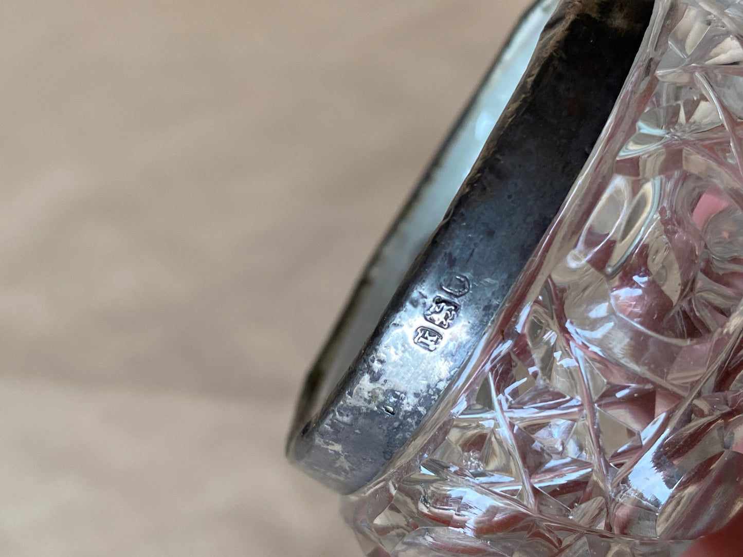 Antique crystal and sterling silver salt cellars - Hall Marked Silver