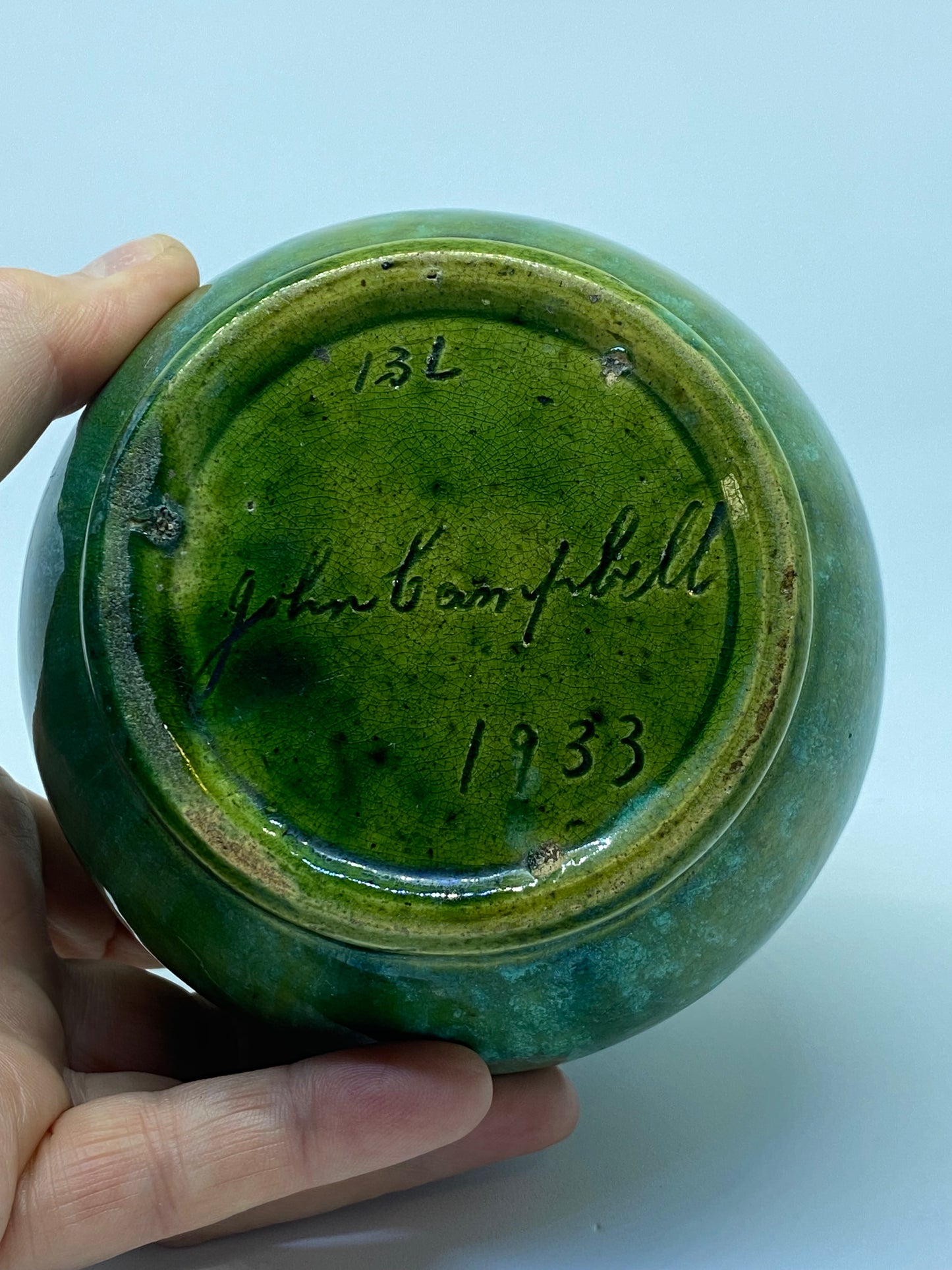John Campbell 1933 13L vase green glazed