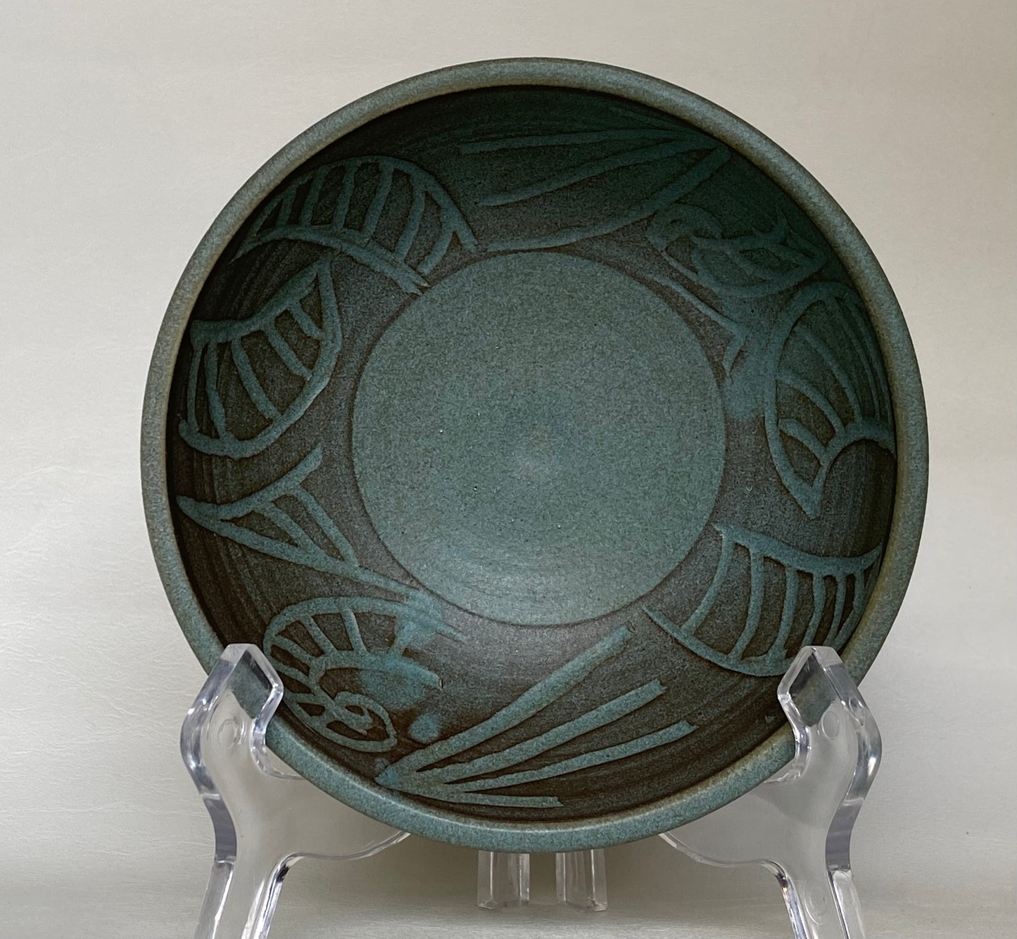 Studio pottery bowl - teal green incised - Judy Kuyer