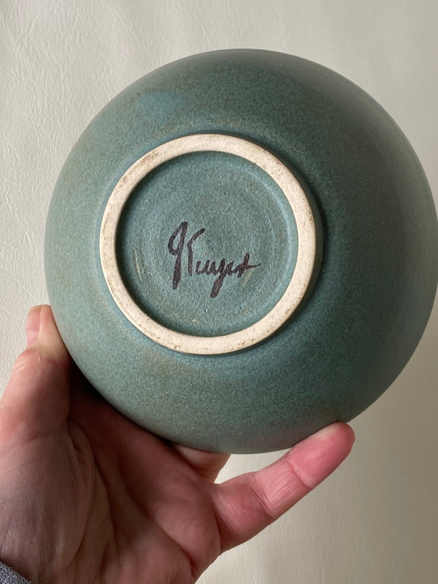 Studio pottery bowl - teal green incised - Judy Kuyer