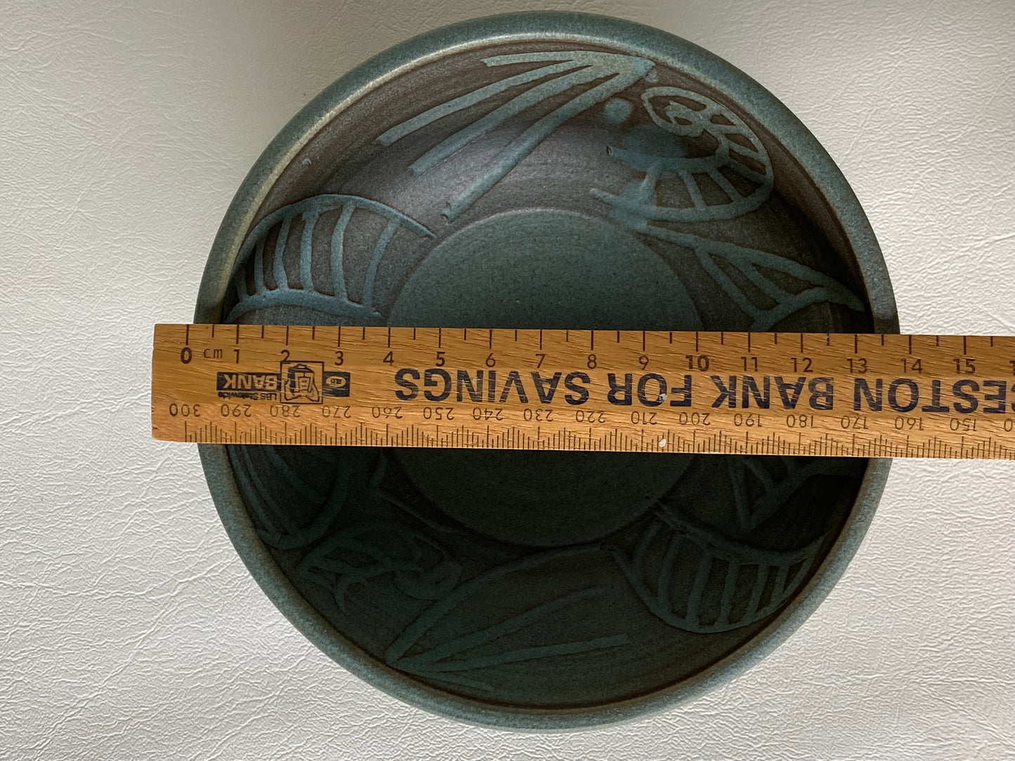 Studio pottery bowl - teal green incised - Judy Kuyer