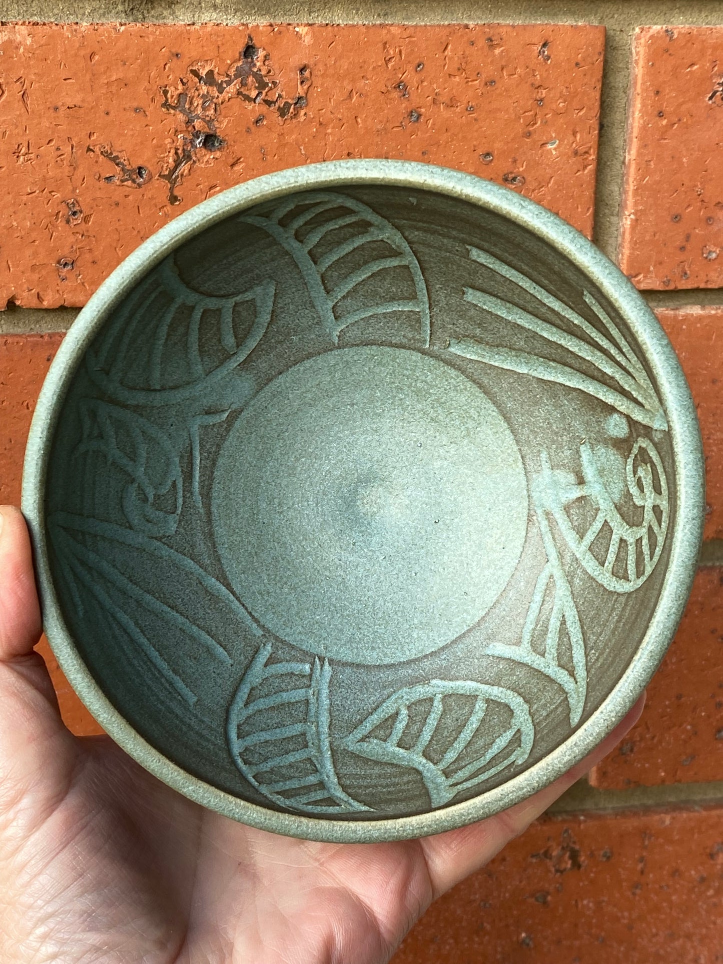 Studio pottery bowl - teal green incised - Judy Kuyer
