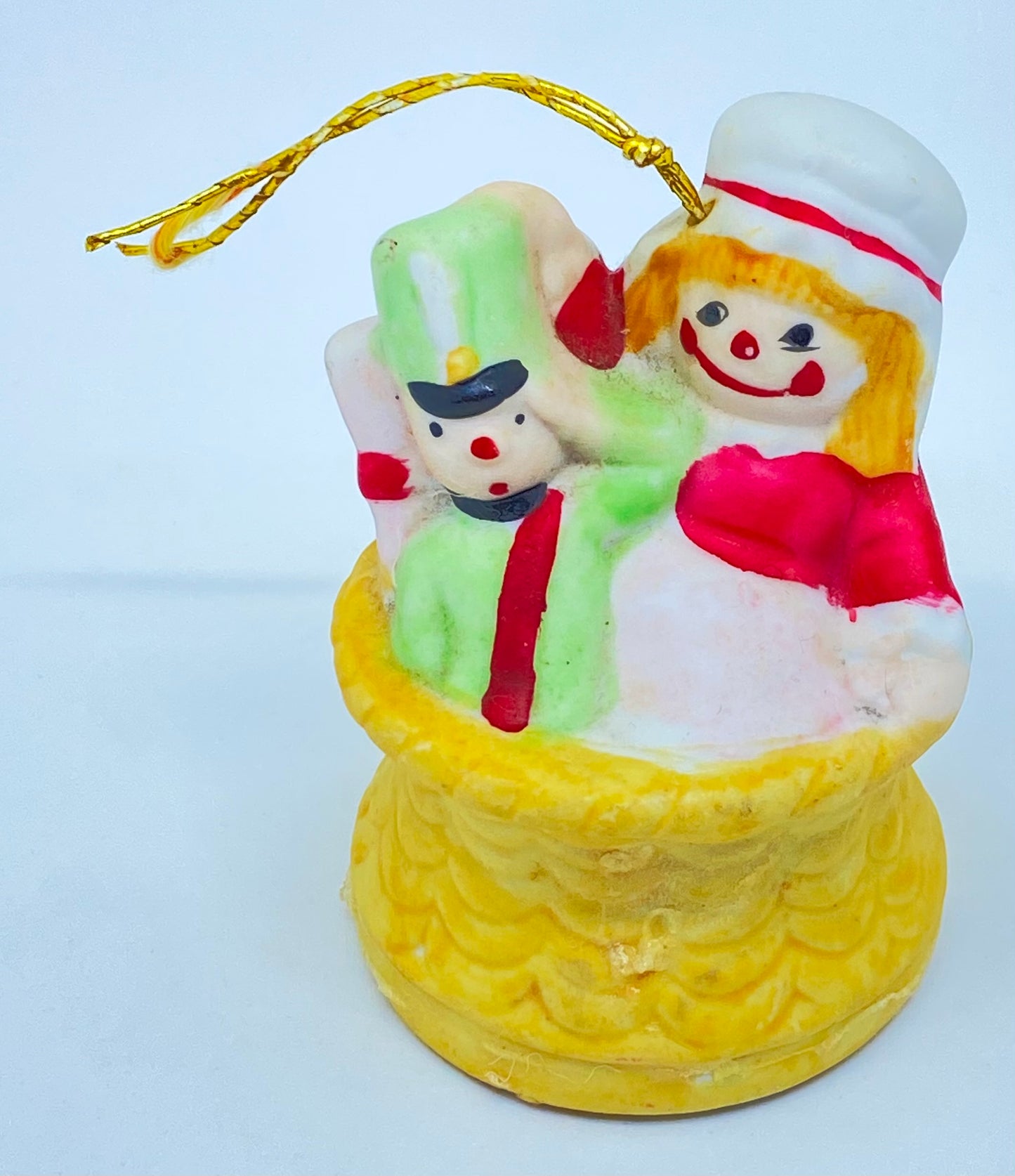 1970s/80s Christmas ornament ceramic/bisque bell - Toys in basket - Jasco Taiwan