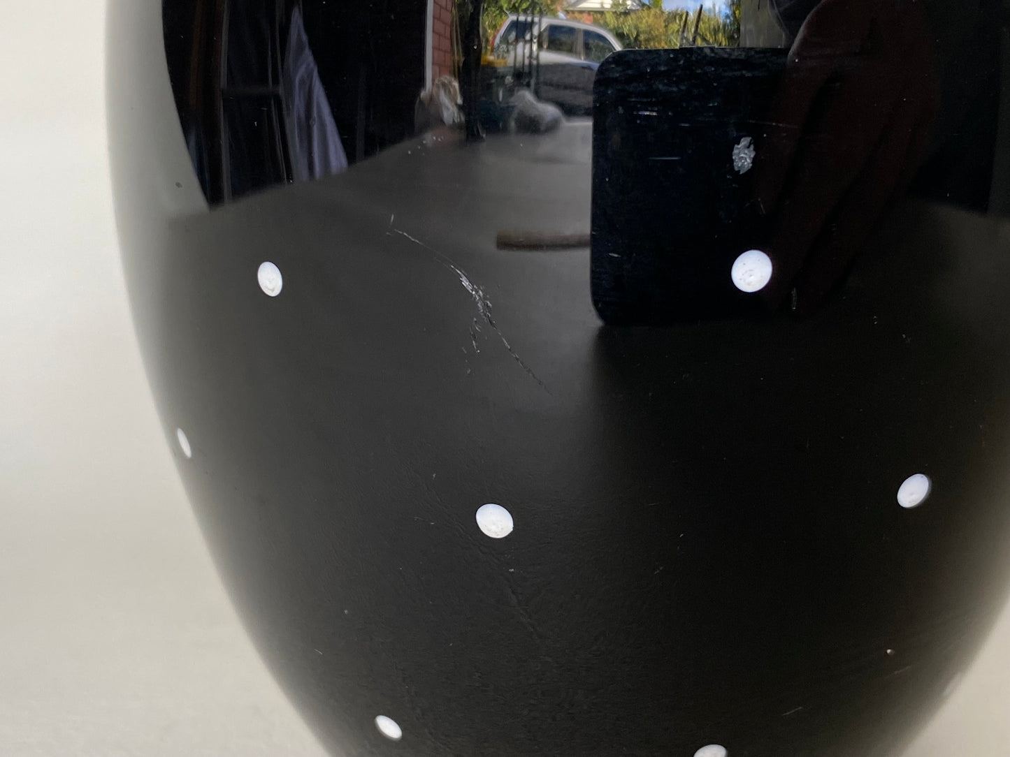 Vintage black glass with polka dots vase - England