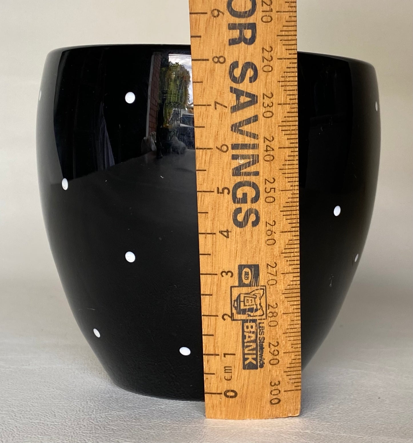 Vintage black glass with polka dots vase - England