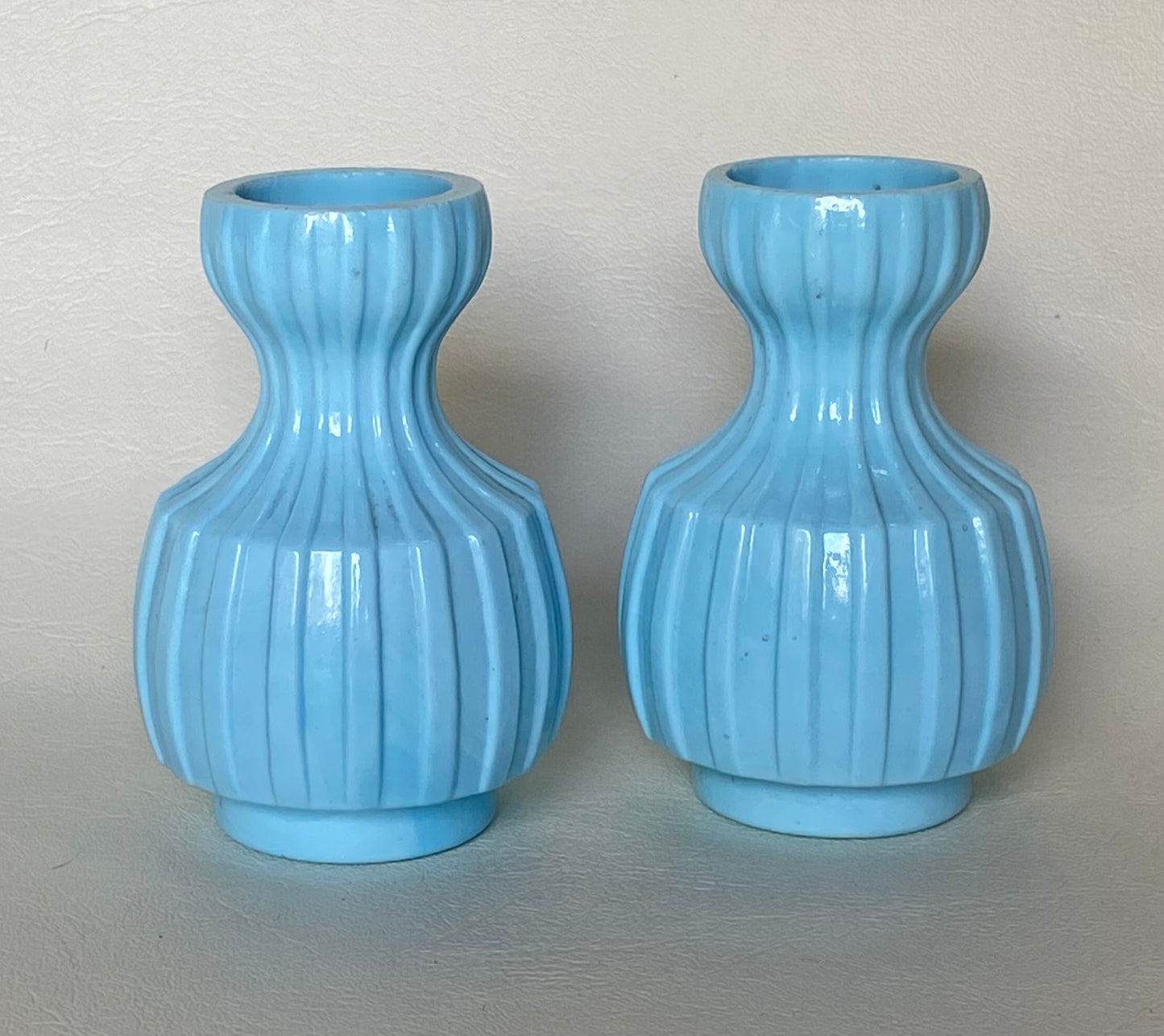 Antique 2 small blue milk glass bud vases